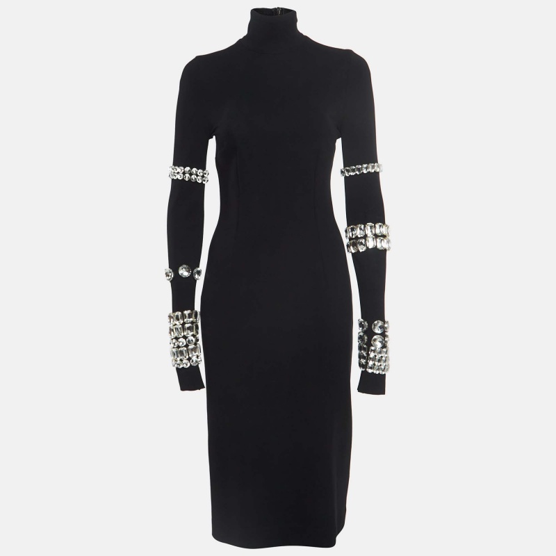 

Dolce & Gabbana Kim Black Jersey Rhinestone Embellished Midi Dress S