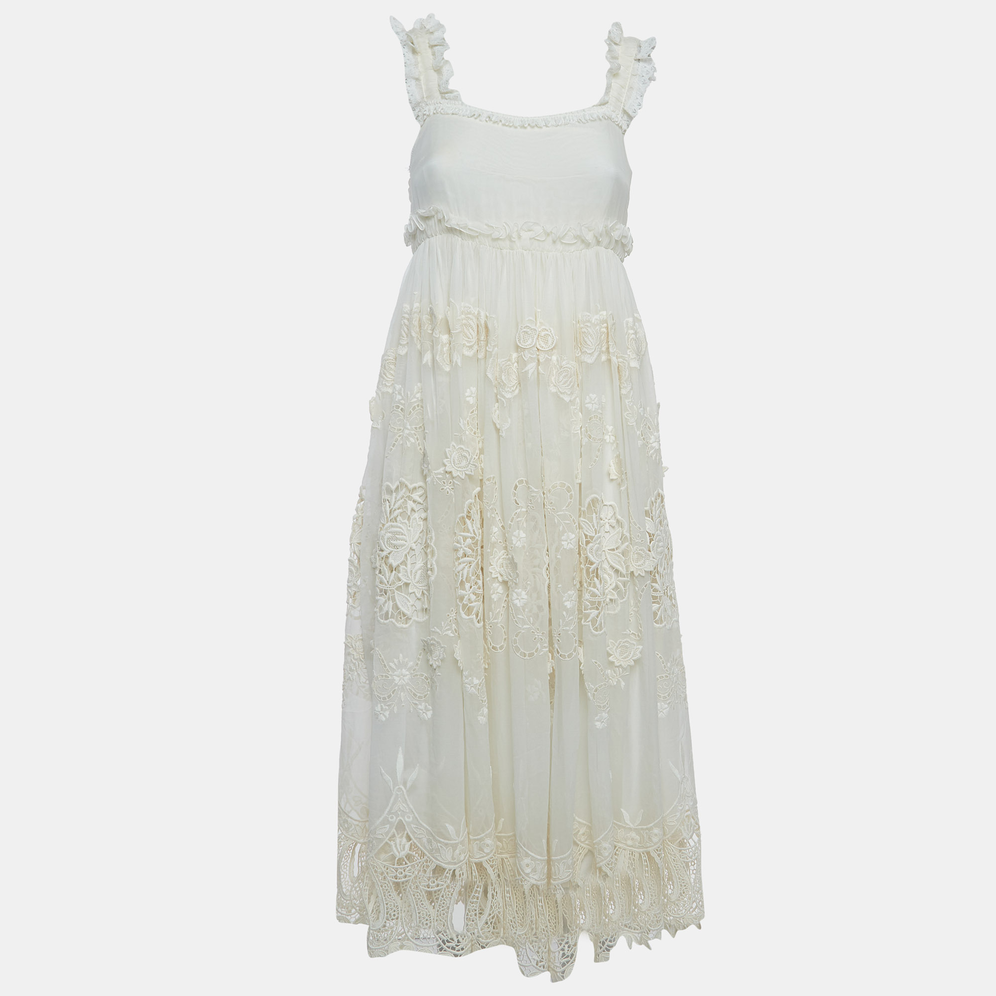 Pre-owned Dolce & Gabbana Ivory White Lace And Silk Empire Midi Dress S