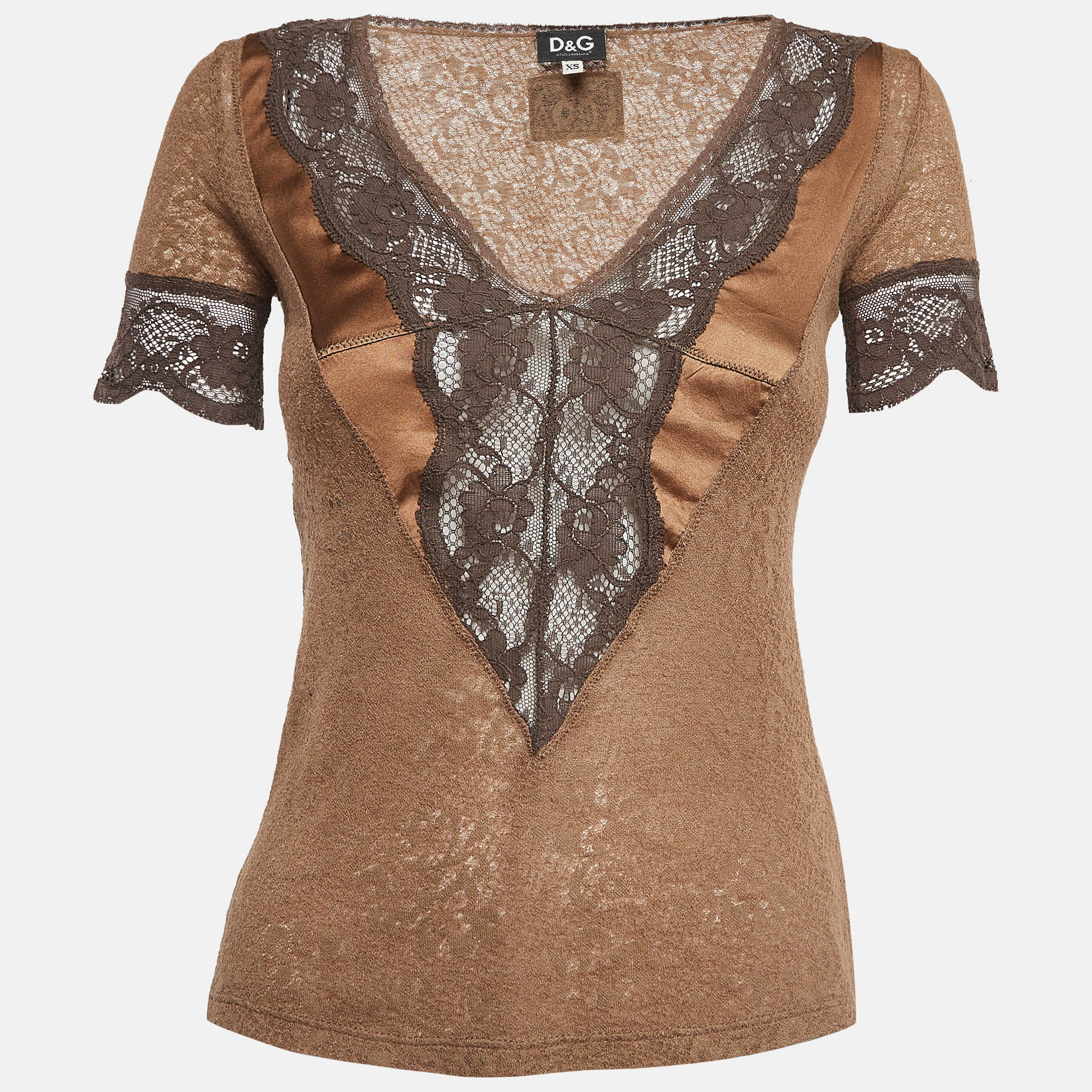 

Dolce & Gabbana Brown Lace V Neck Top XS