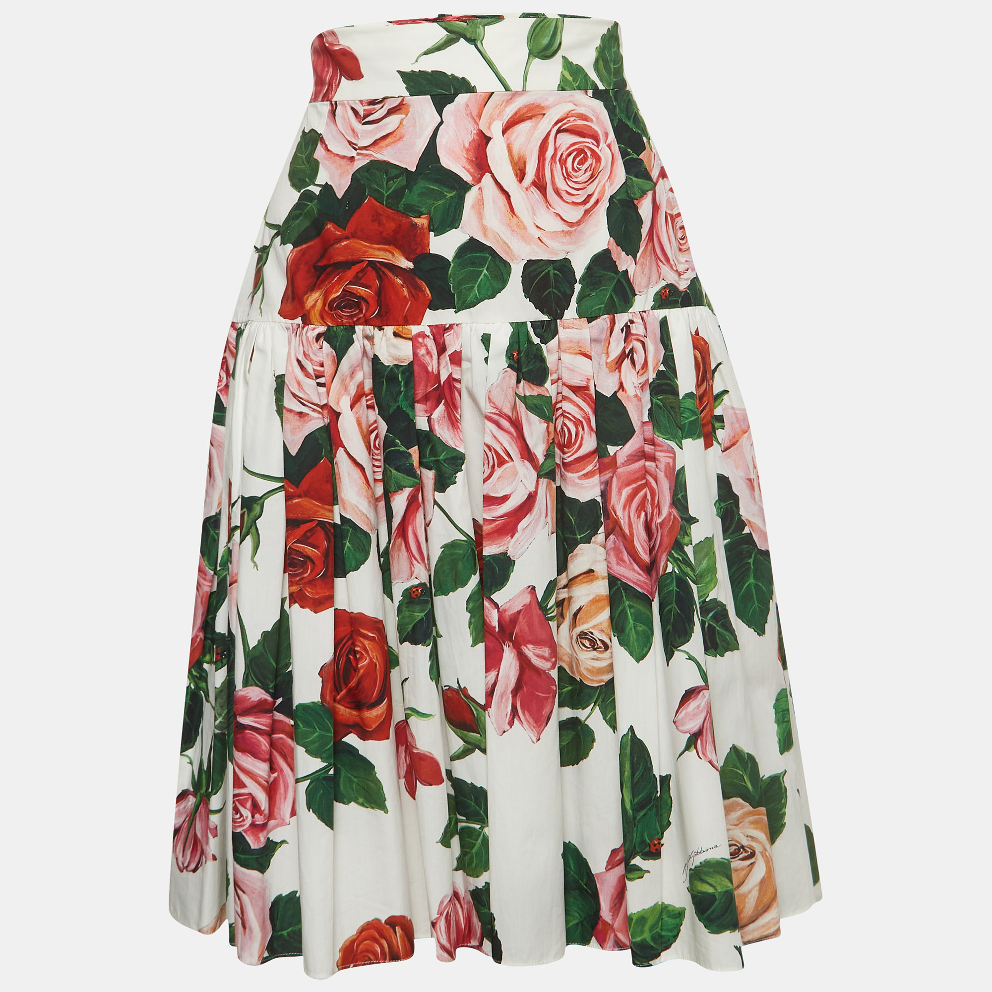 

Dolce & Gabbana White Rose Print Cotton Flared Mini Skirt XS