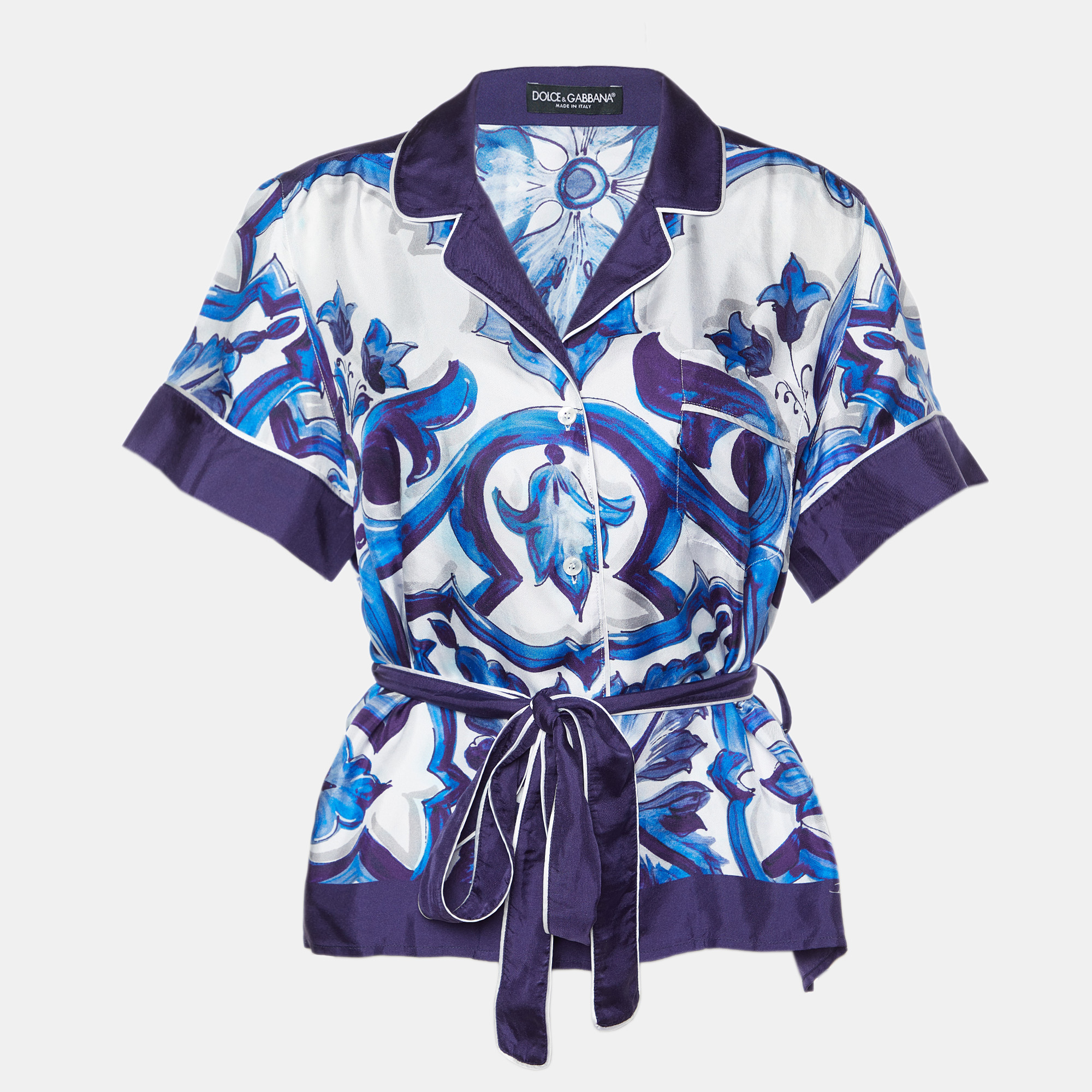 

Dolce & Gabbana Navy Blue Majolica Print Silk Belted Shirt M