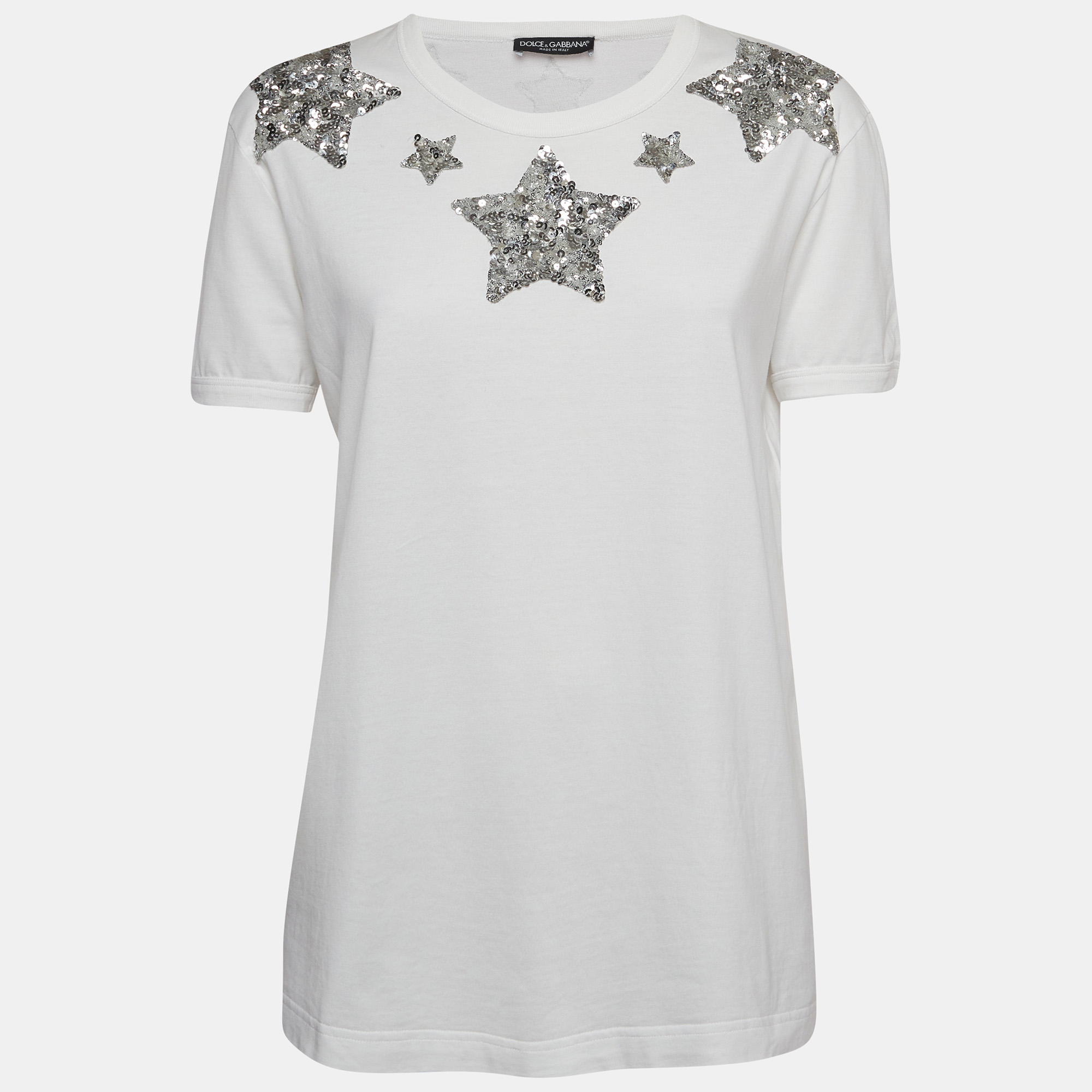Pre-owned Dolce & Gabbana White Star Embroidered Cotton Knit Tshirt S