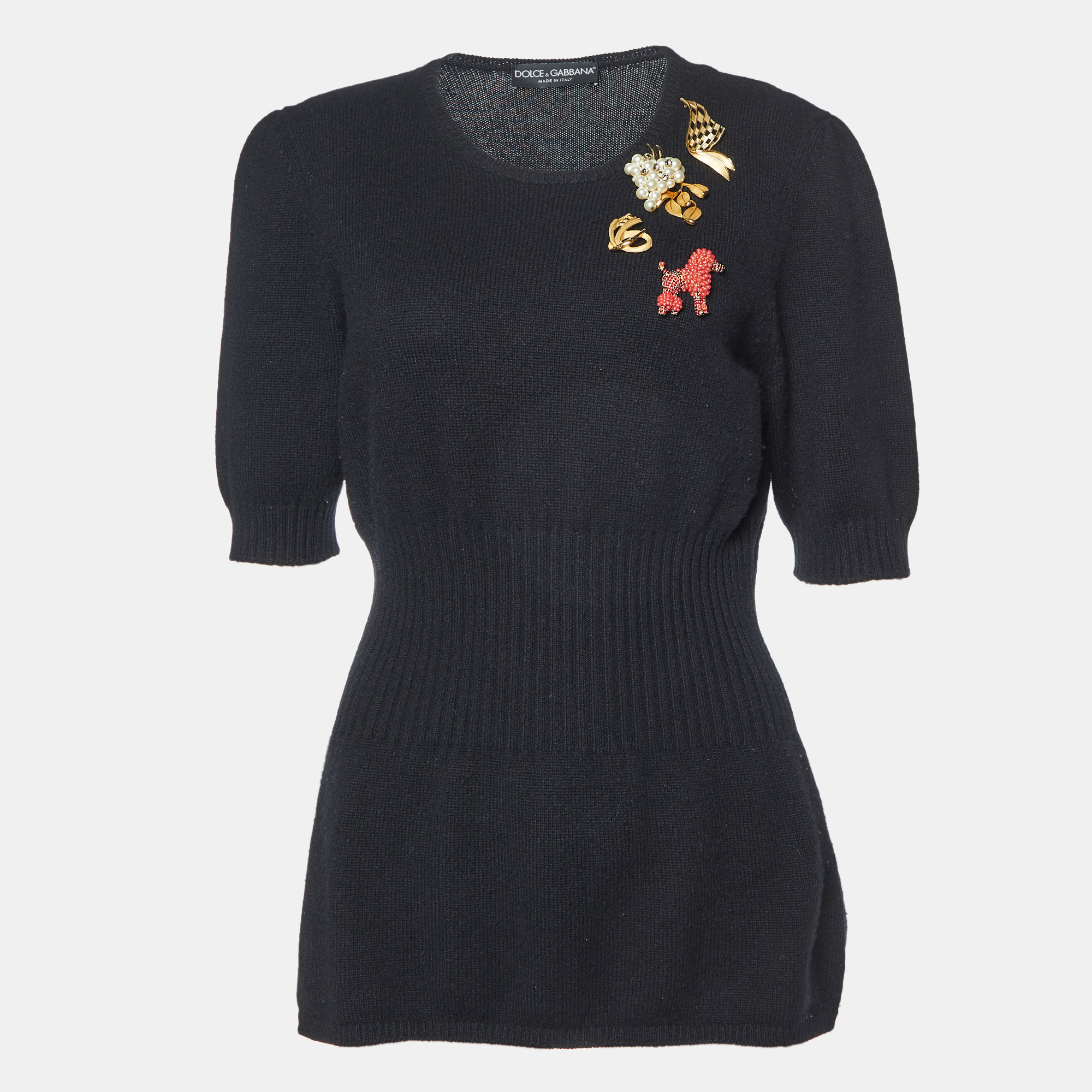 

Dolce & Gabbana Black Cashmere Brooch Embellished Sweater L