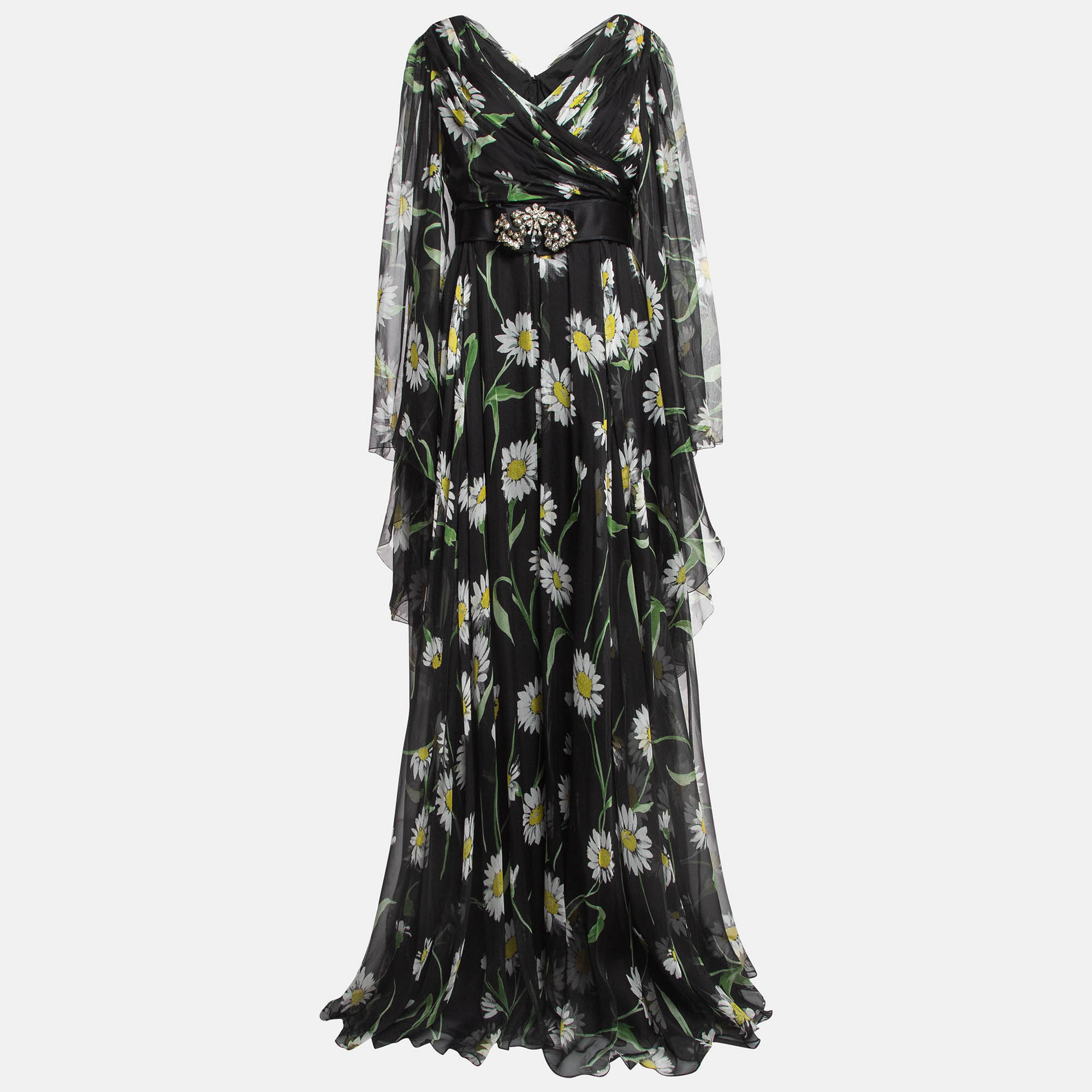 

Dolce & Gabbana Black Sunflower Print Silk Crystal Belt Long Dress L