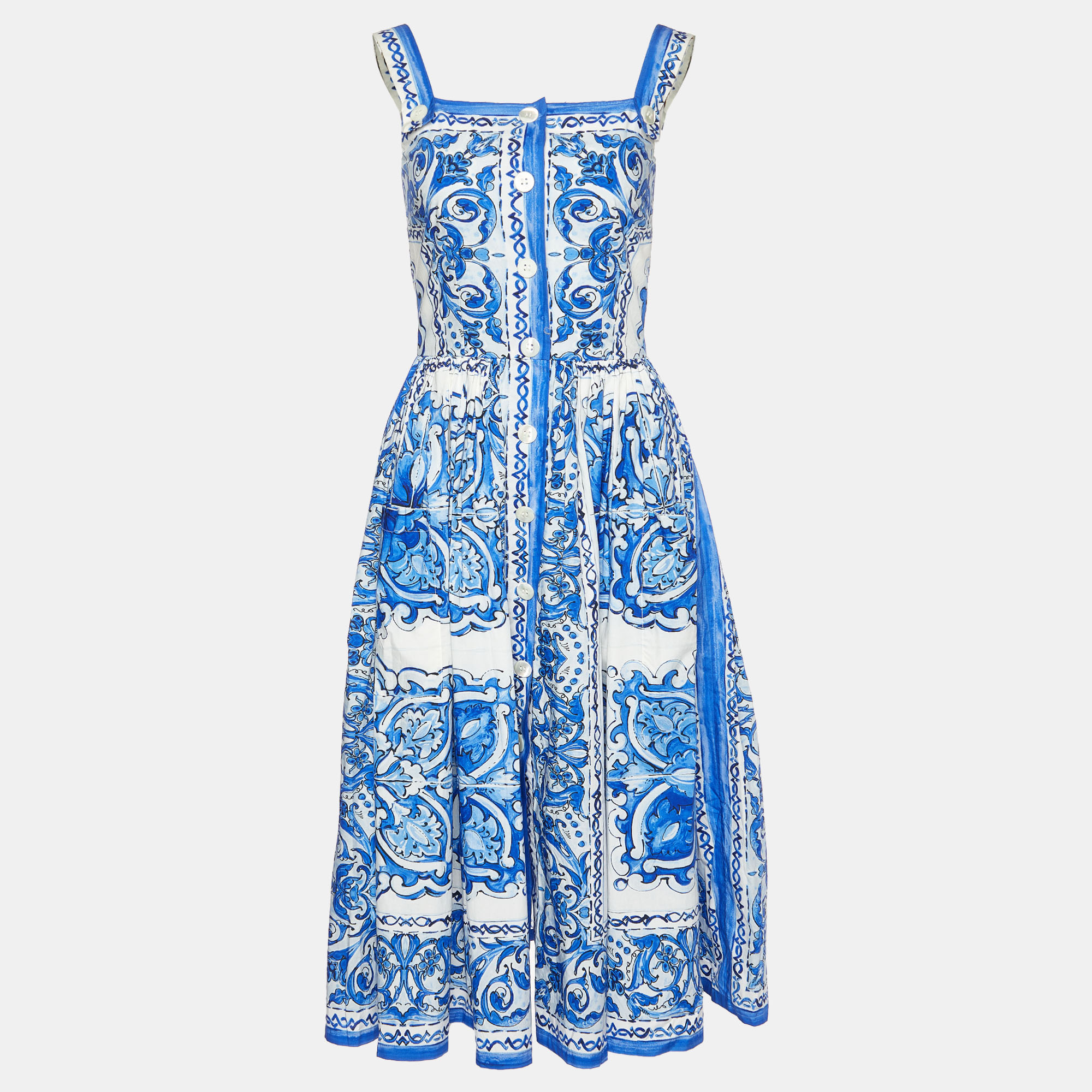 

Dolce & Gabbana Blue Majolica Print Cotton Midi Dress S