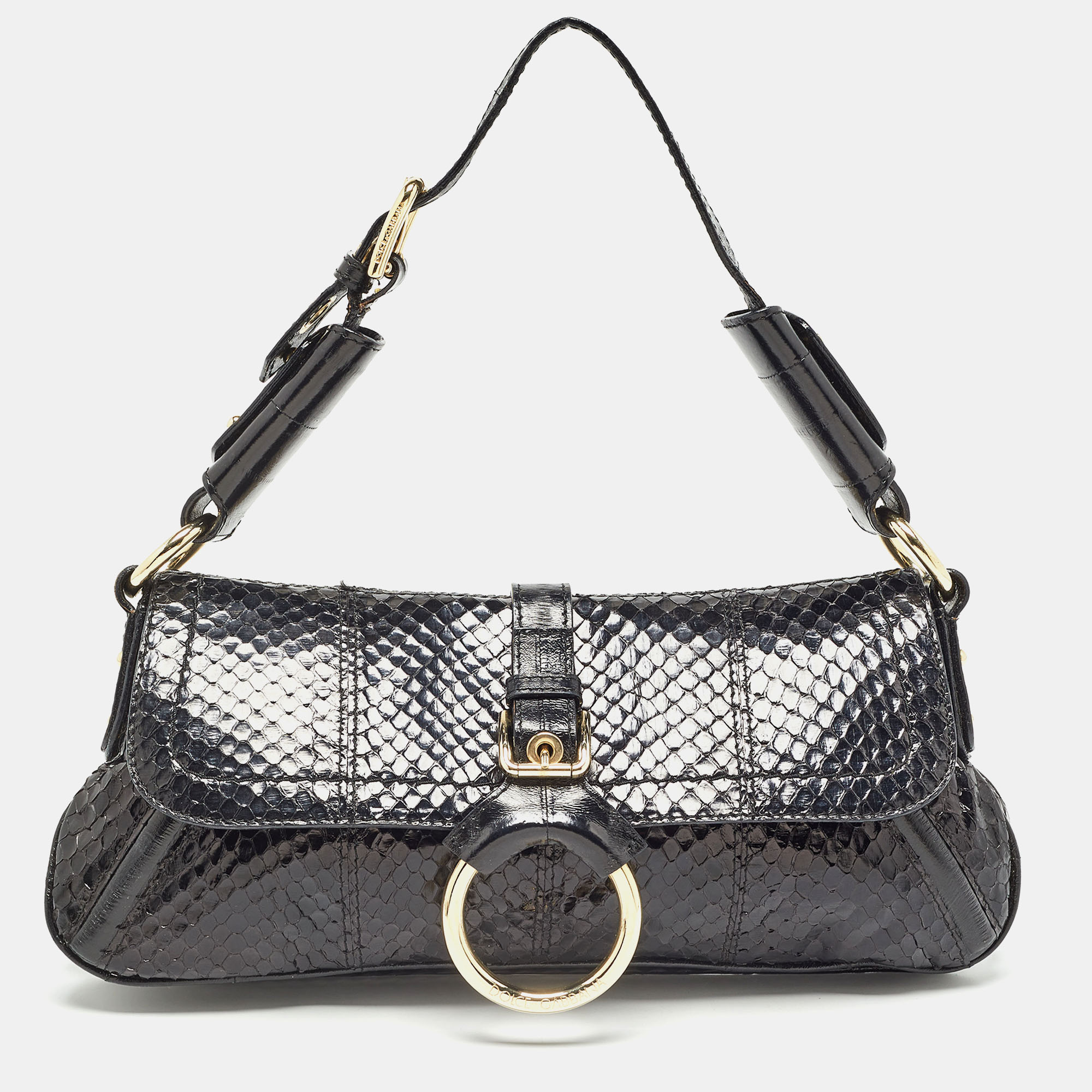 

Dolce & Gabbana Black Python and Eel Leather Ring Flap Shoulder Bag