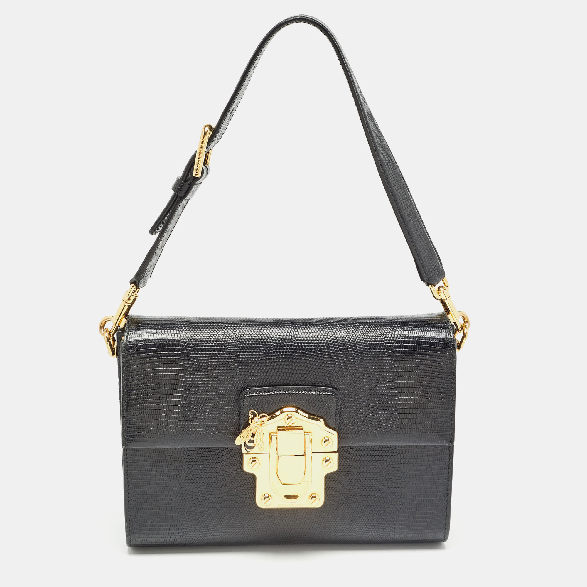 

Dolce & Gabbana Black Lizard Embossed Leather  Lucia Shoulder Bag