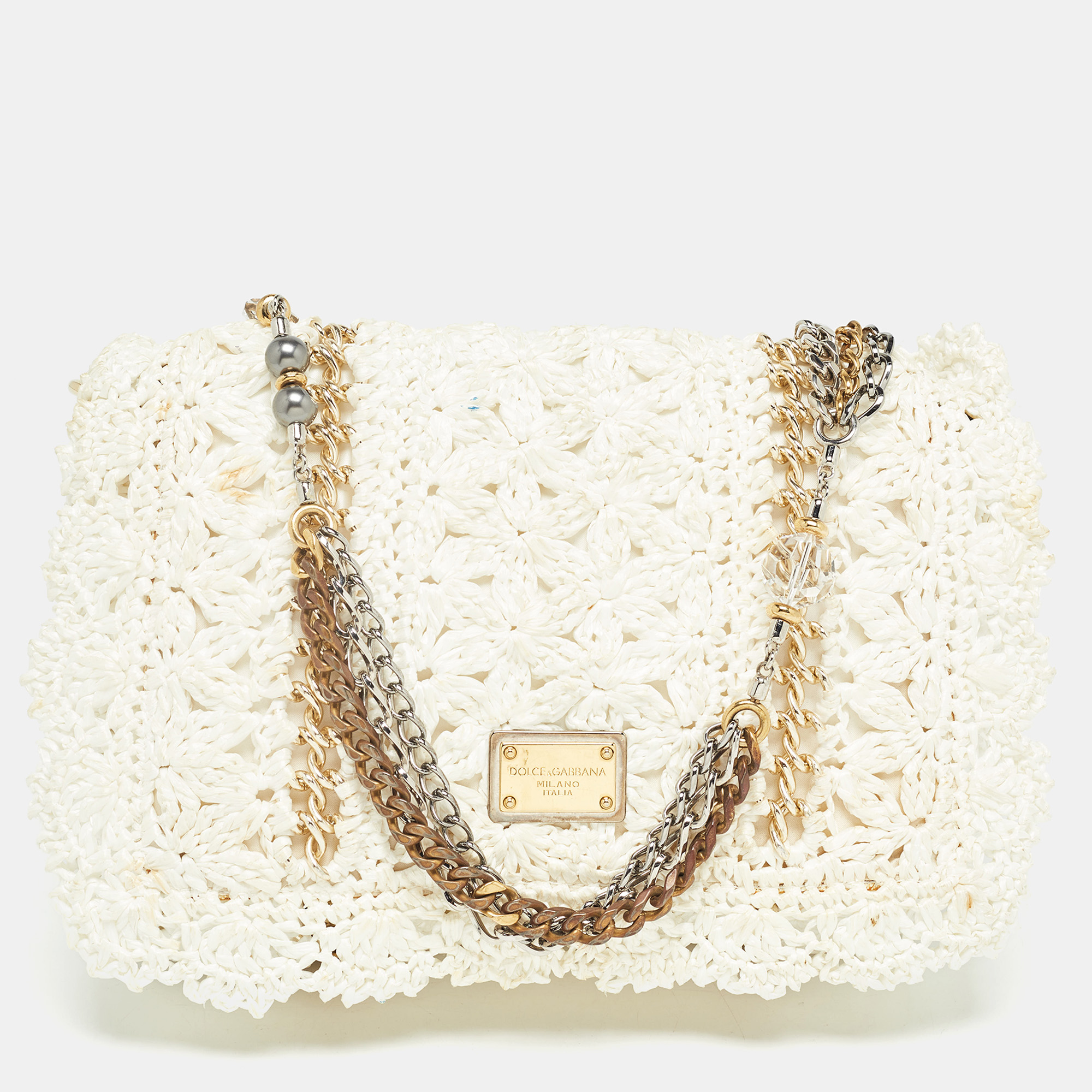 Pre-owned Dolce & Gabbana White Straw Crochet Miss Charles Shoulder Bag