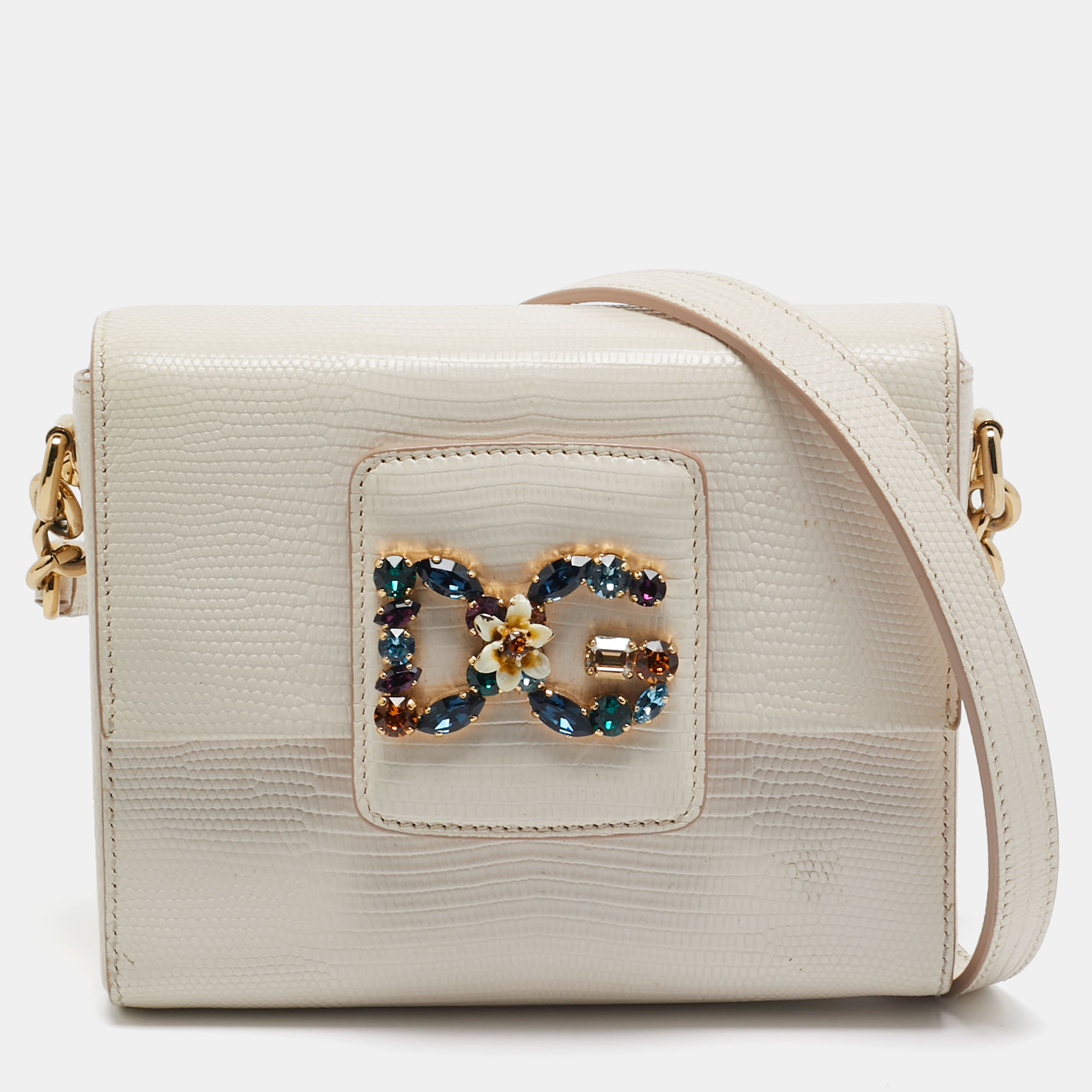 

Dolce & Gabbana Off White Lizard Embossed Leather Mini DG Millennials Crossbody Bag