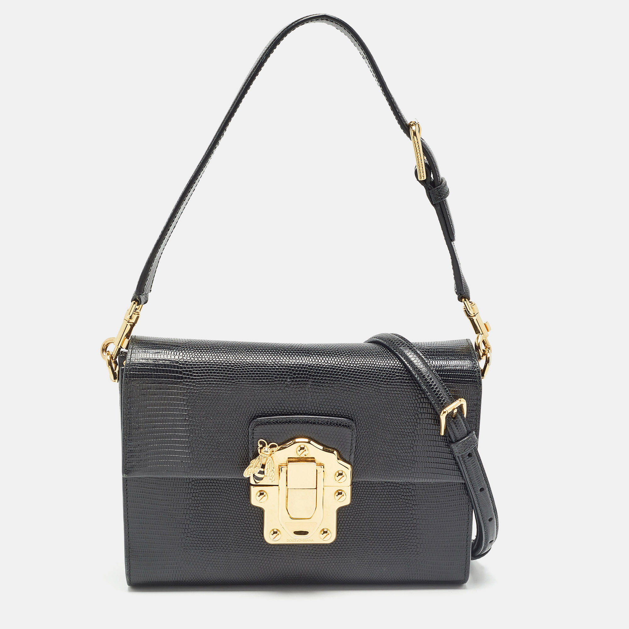 

Dolce & Gabbana Black Lizard Embossed Leather Medium Lucia Shoulder Bag