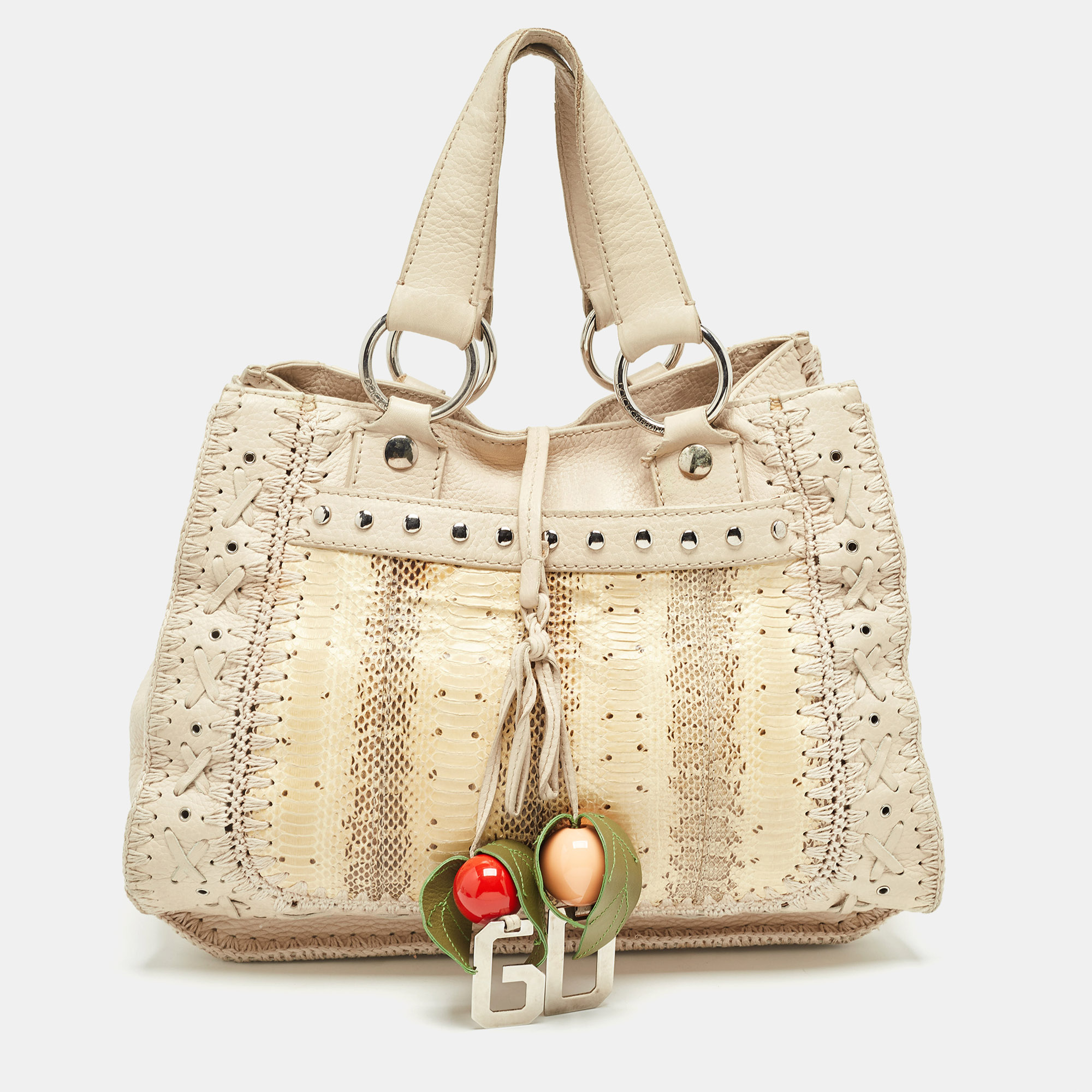 

Dolce & Gabbana Cream/Beige Whipstitch Leather and Watersnake DG Charm Tote