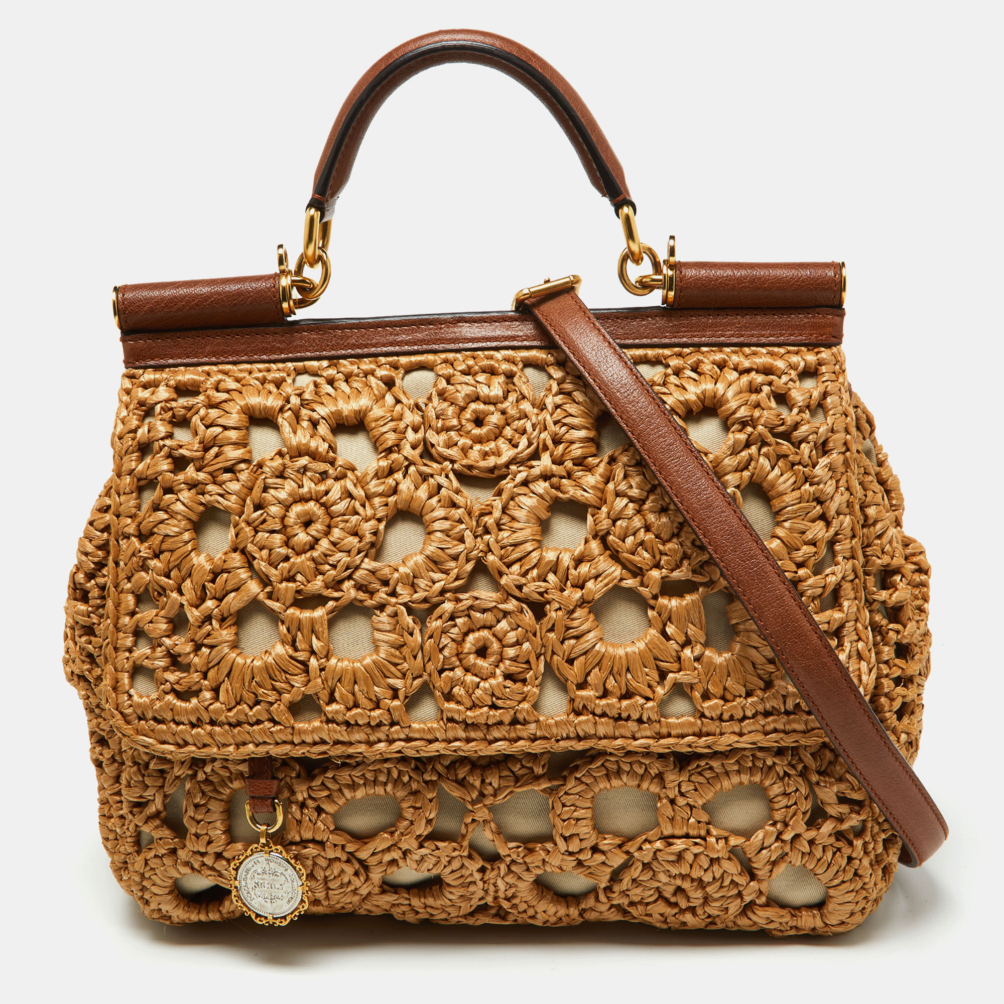 

Dolce & Gabbana Beige/Brown Crochet Raffia and Leather Large Miss Sicily Top Handle Bag