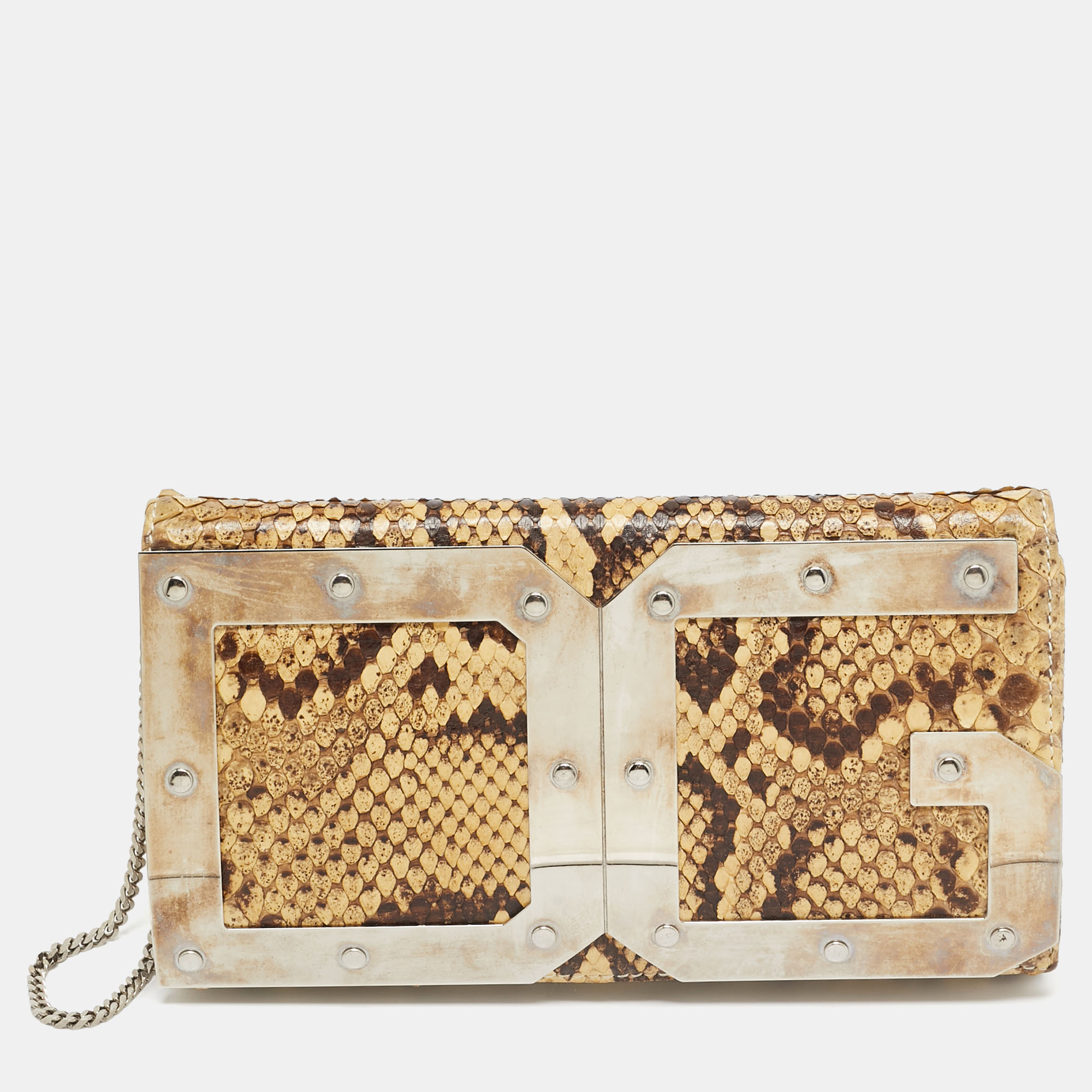 Pre-owned Dolce & Gabbana Cream Python Dg Logo Wristlet Clutch