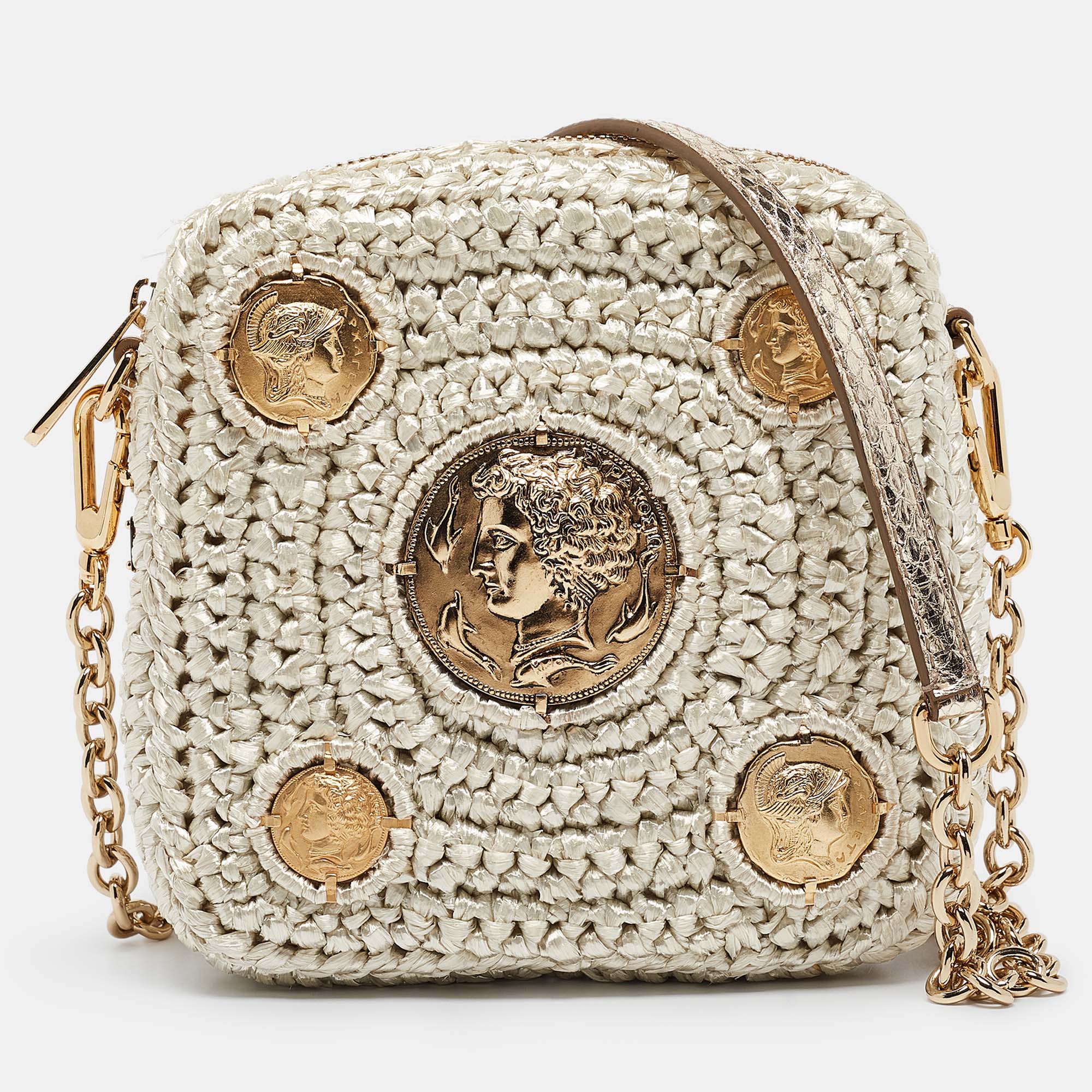 

Dolce & Gabbana Beige/Gold Woven Raffia Coin Patch Crossbody Bag, White