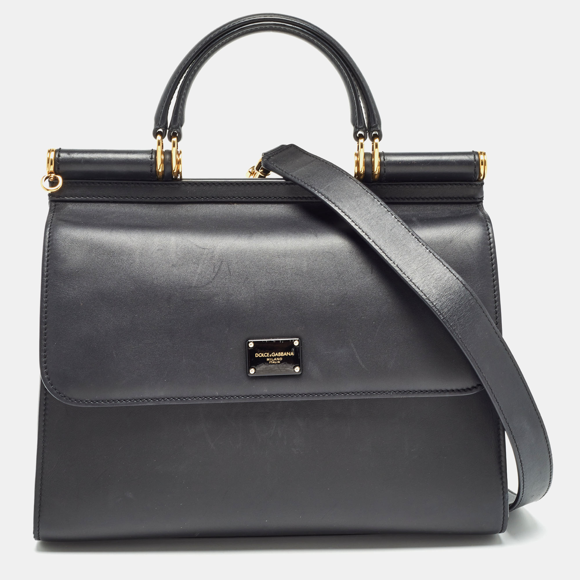 

Dolce & Gabbana Black Leather  Miss Sicily 58 Top Handle Bag