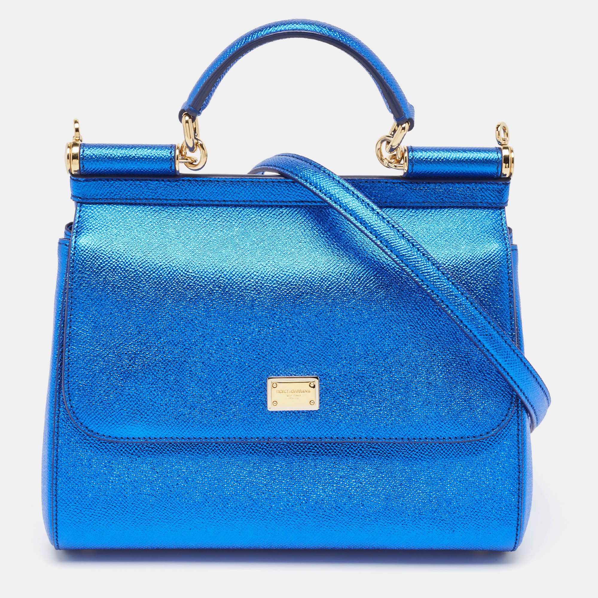 

Dolce & Gabbana Metallic Blue Leather Medium Miss Sicily Top Handle Bag