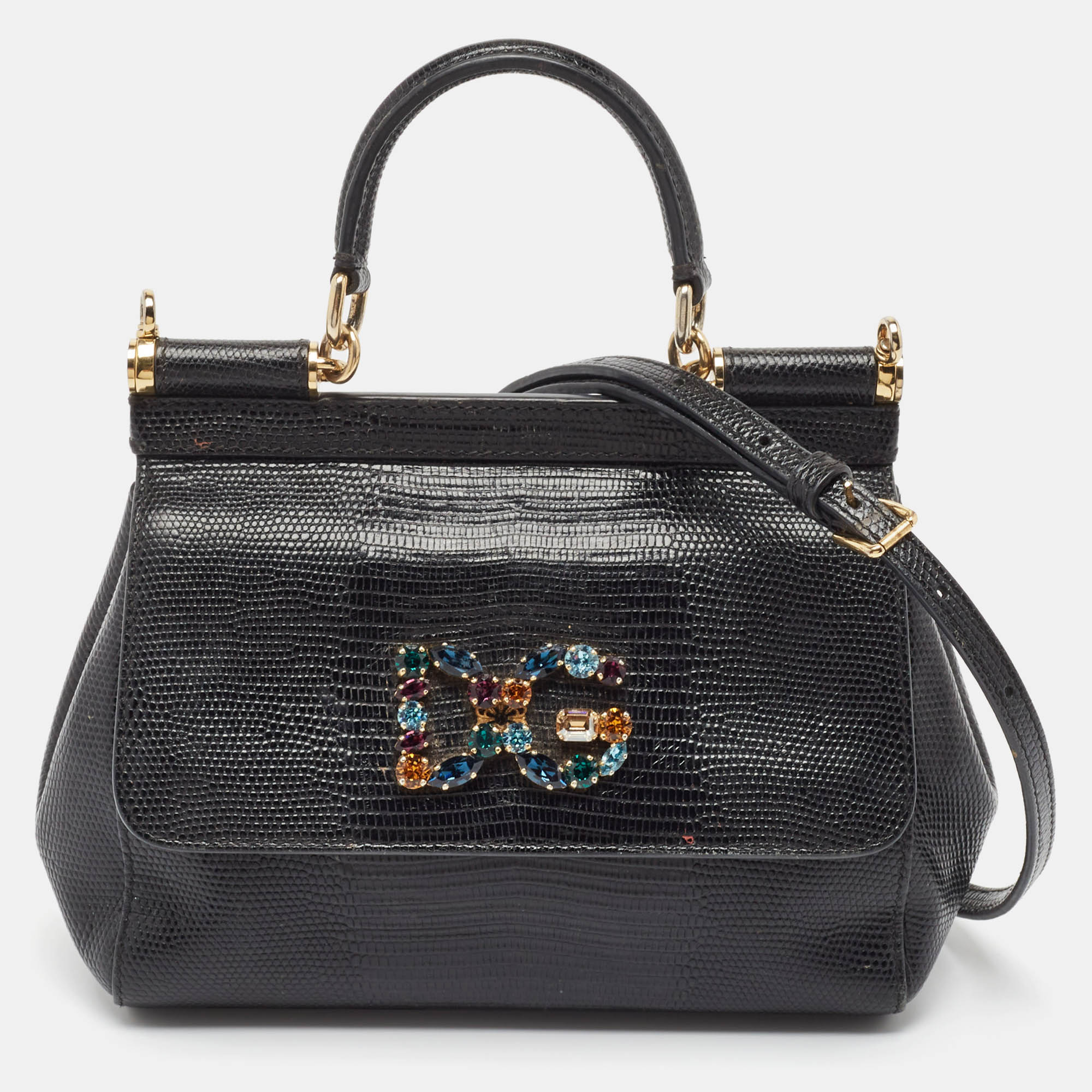 

Dolce & Gabbana Black Lizard Embossed Leather Small Crystals DG Miss Sicily Bag