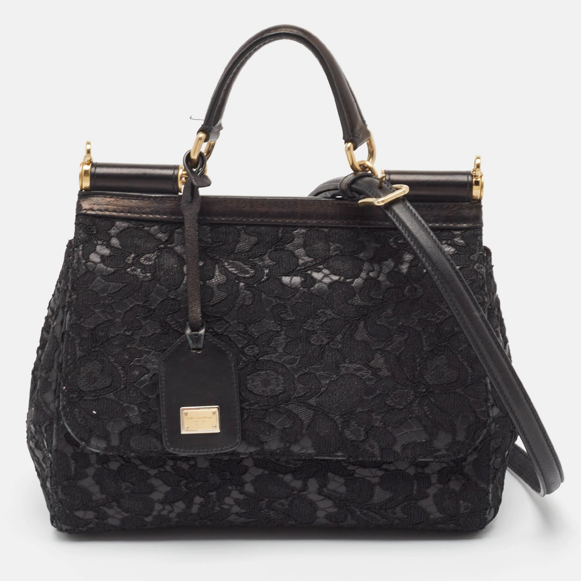 

Dolce & Gabbana Black Leather and Lace Medium Miss Sicily Top Handle Bag