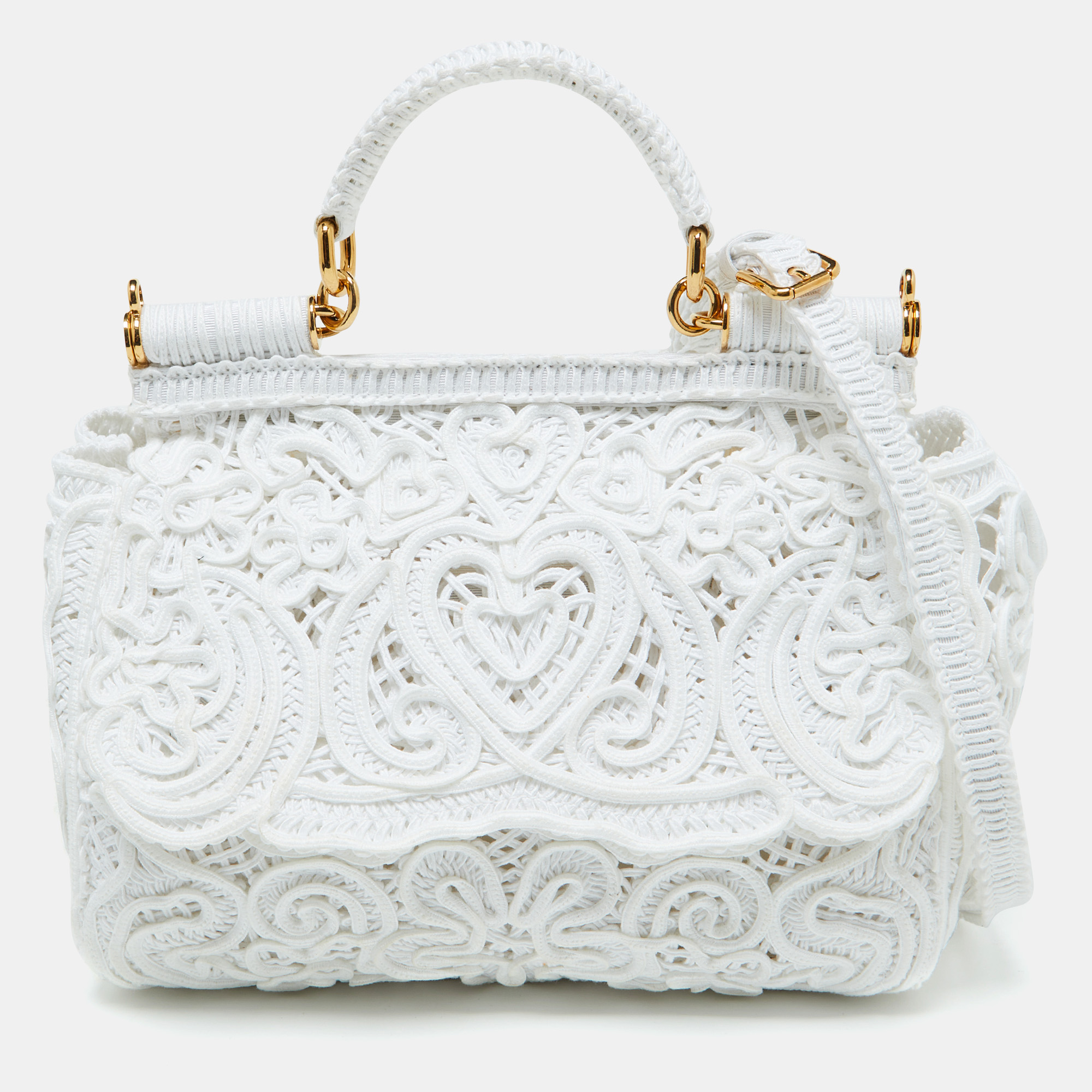 

Dolce & Gabbana White Fabric Cordonetto Lace Medium Sicily Cordonetto Top Handle Bag