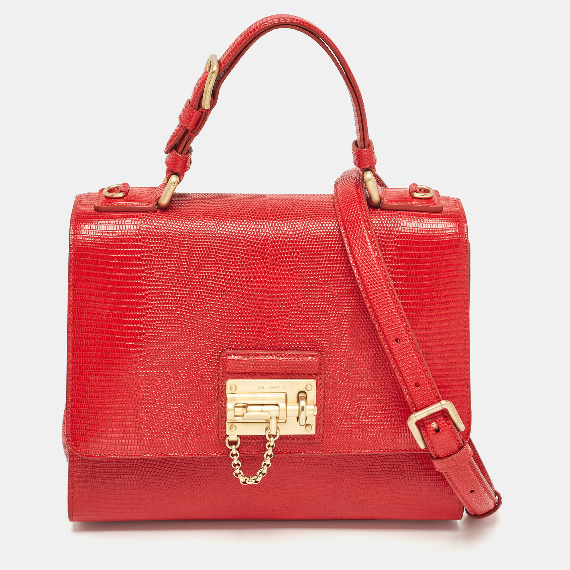 

Dolce & Gabbana Red Lizard Embossed Leather Medium Miss Monica Top Handle Bag