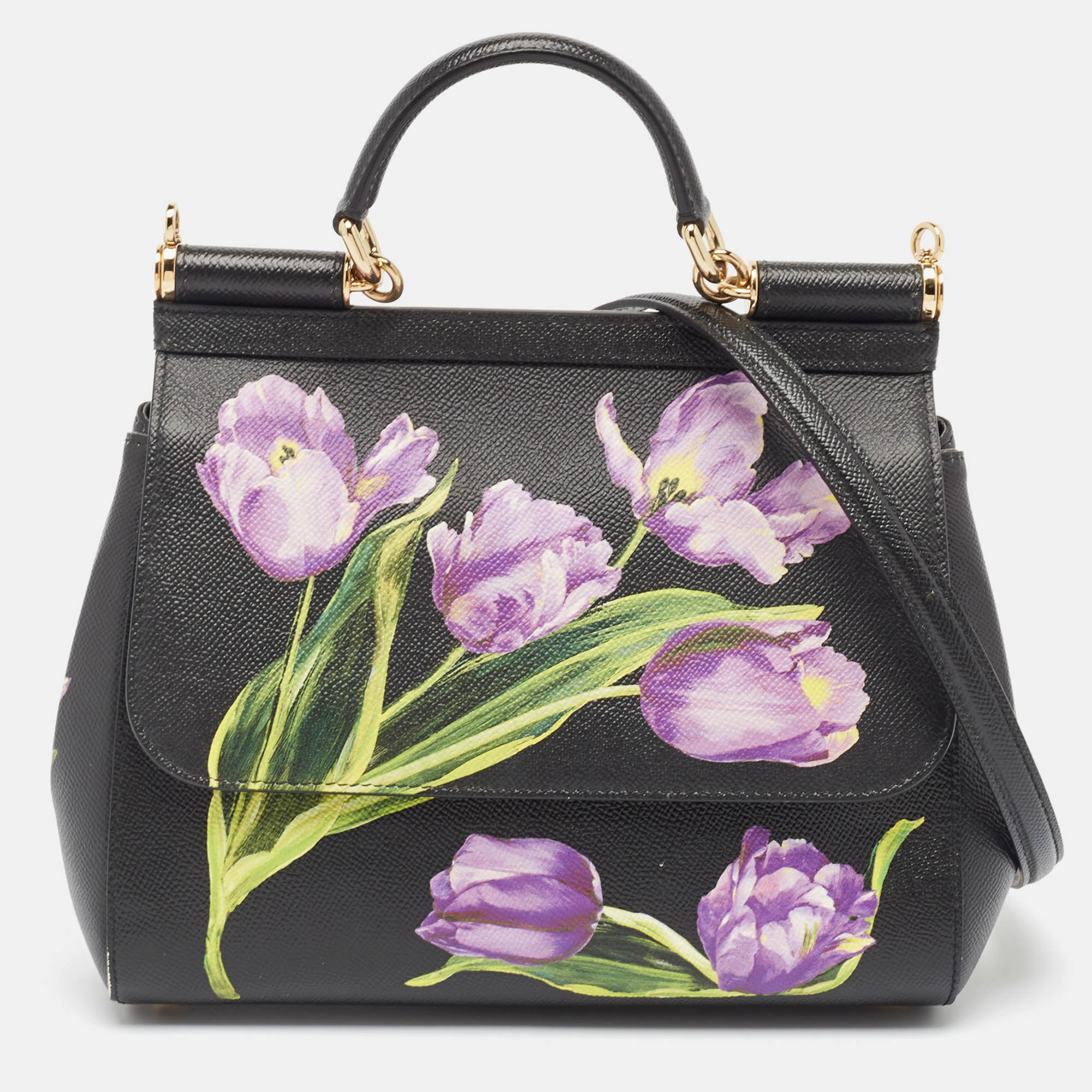 

Dolce & Gabbana Black Leather Medium Floral Miss Sicily Top Handle Bag