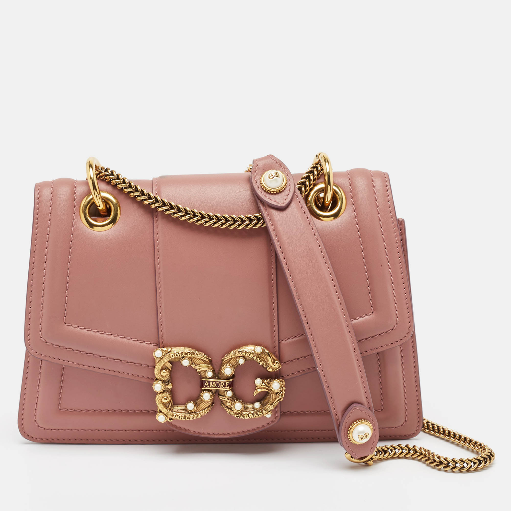 Pre-owned Dolce & Gabbana Old Rose Leather Dg Amore Shoulder Bag In Pink