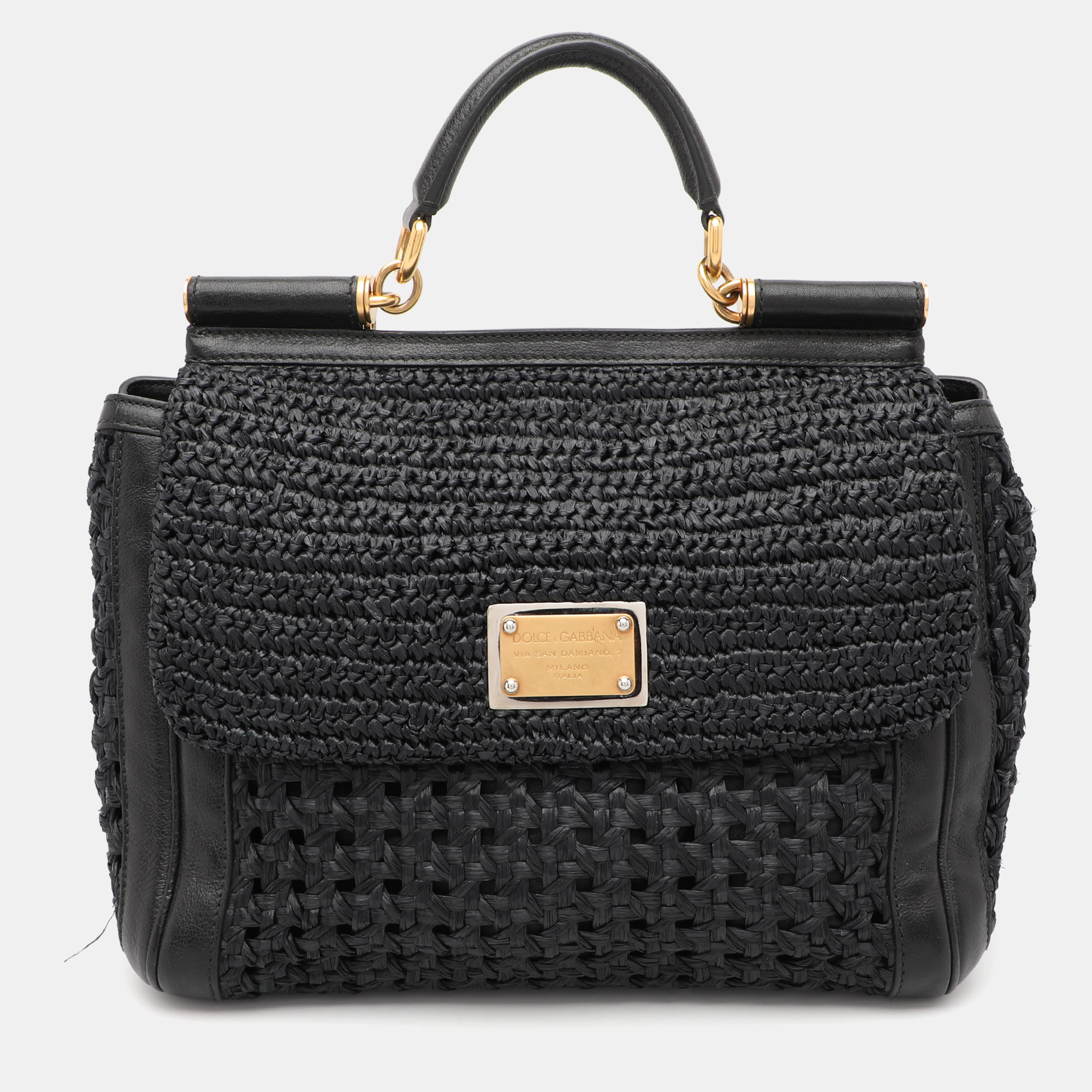 

Dolce & Gabbana Black Leather and Raffia Miss Sicily Top Handle Bag