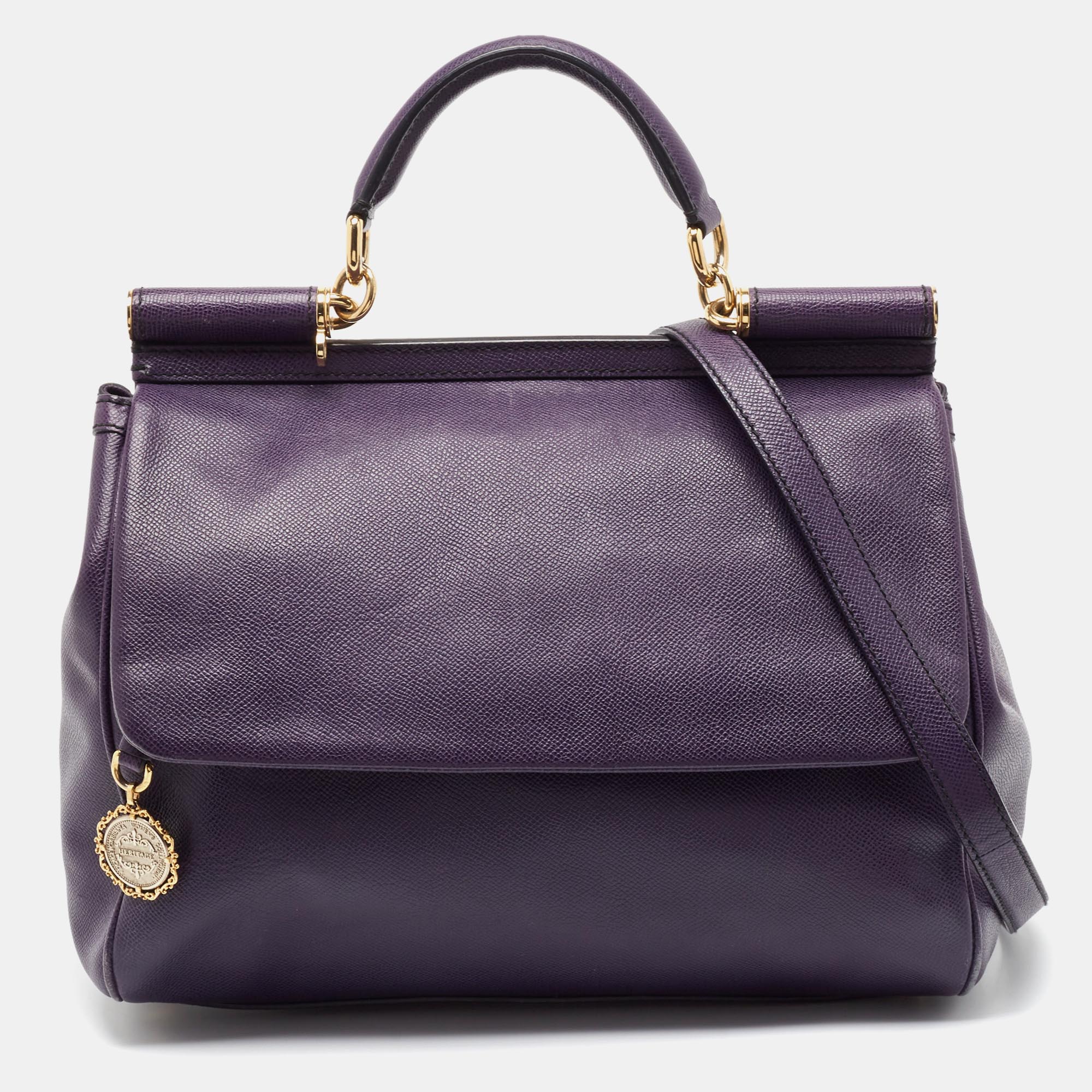 Pre-owned Dolce & Gabbana Purple Leather Large Miss Sicily Top Handle Bag