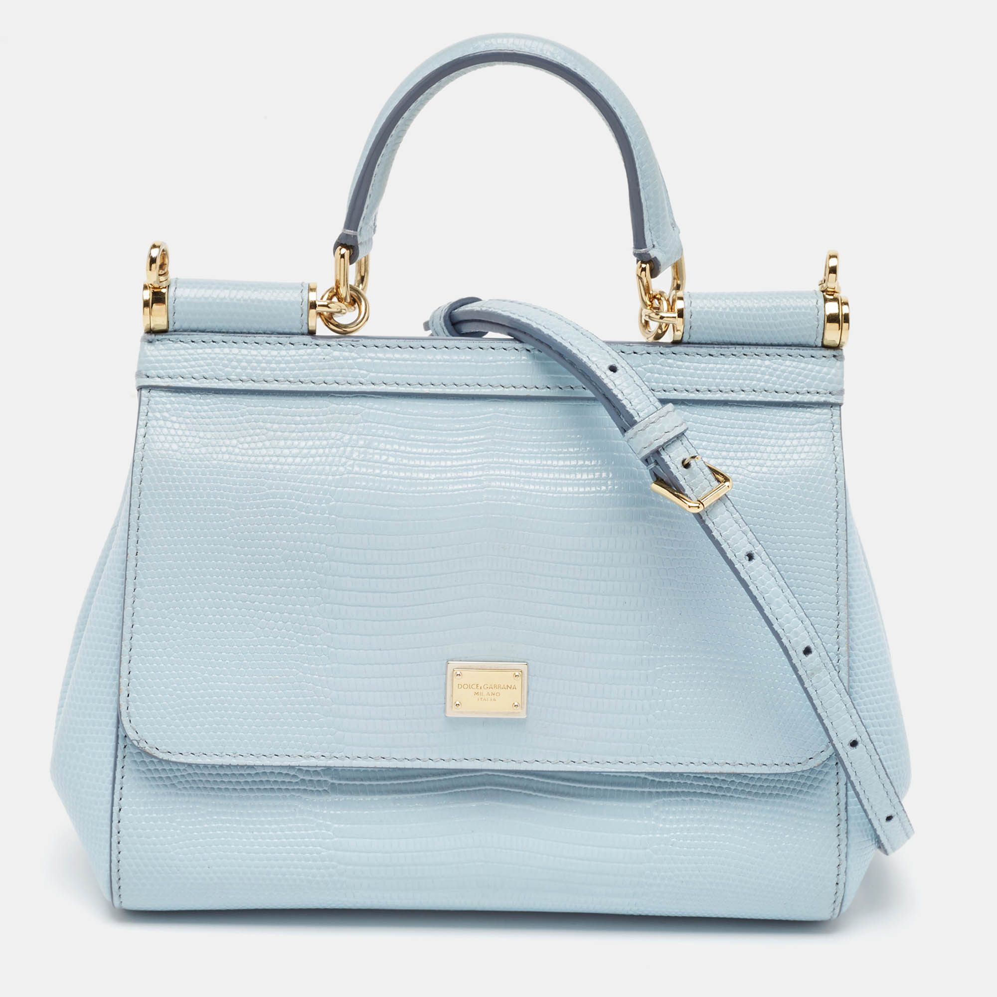 

Dolce & Gabbana Light Blue Lizard Embossed Leather  Miss Sicily Top Handle Bag