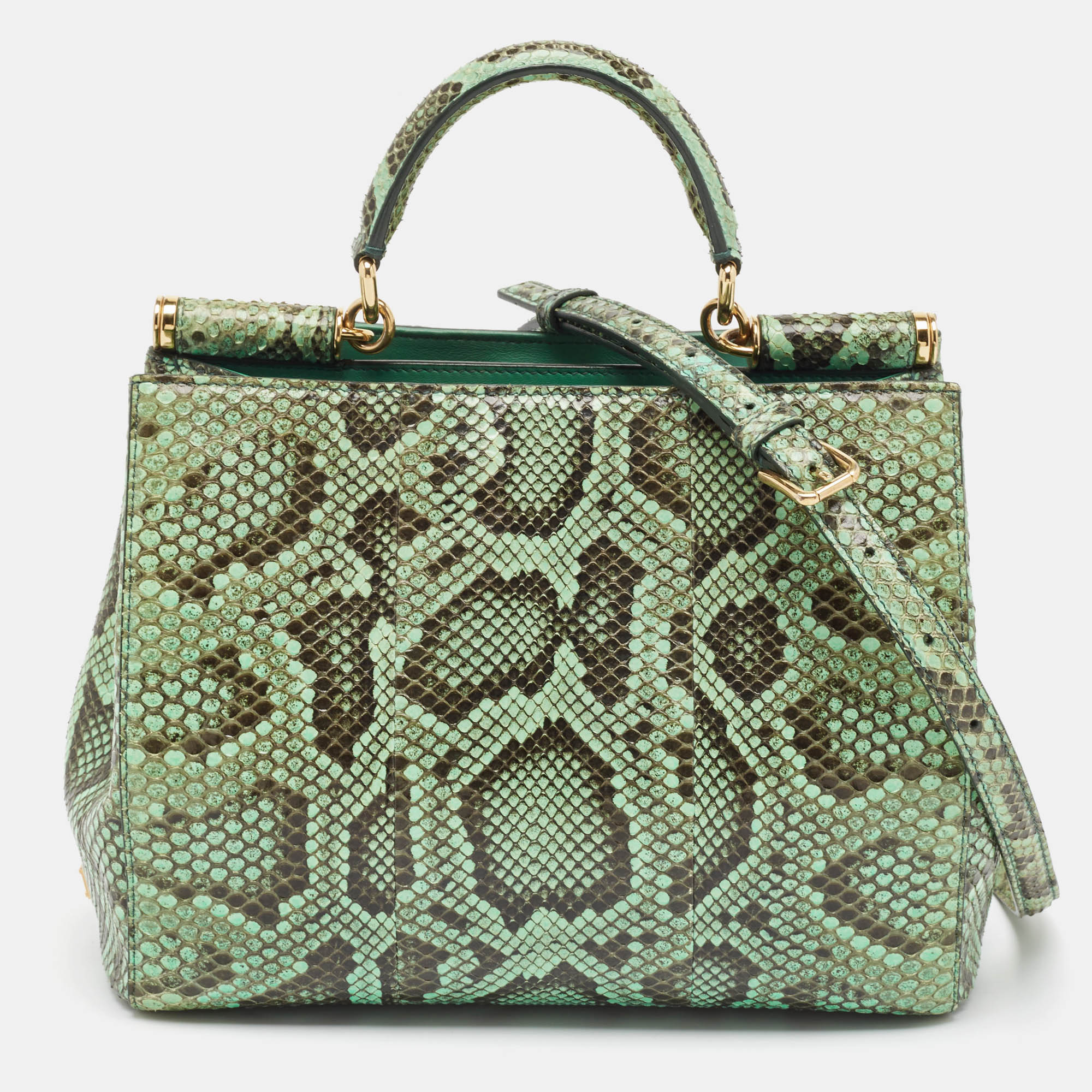 Pre-owned Dolce & Gabbana Green Python Miss Sicily Shopper Tote