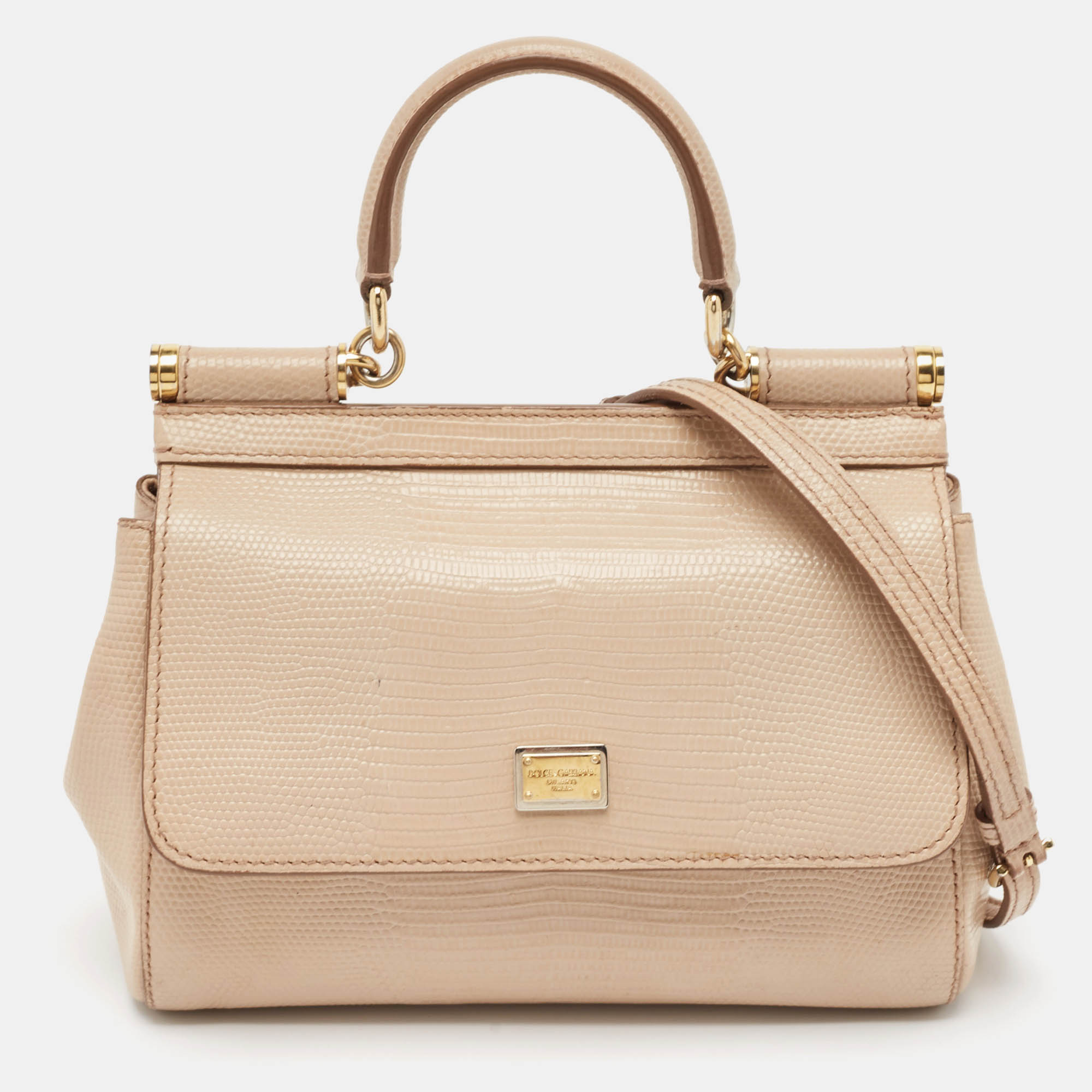 

Dolce & Gabbana Beige Lizard Embossed Leather Small Miss Sicily Top Handle Bag