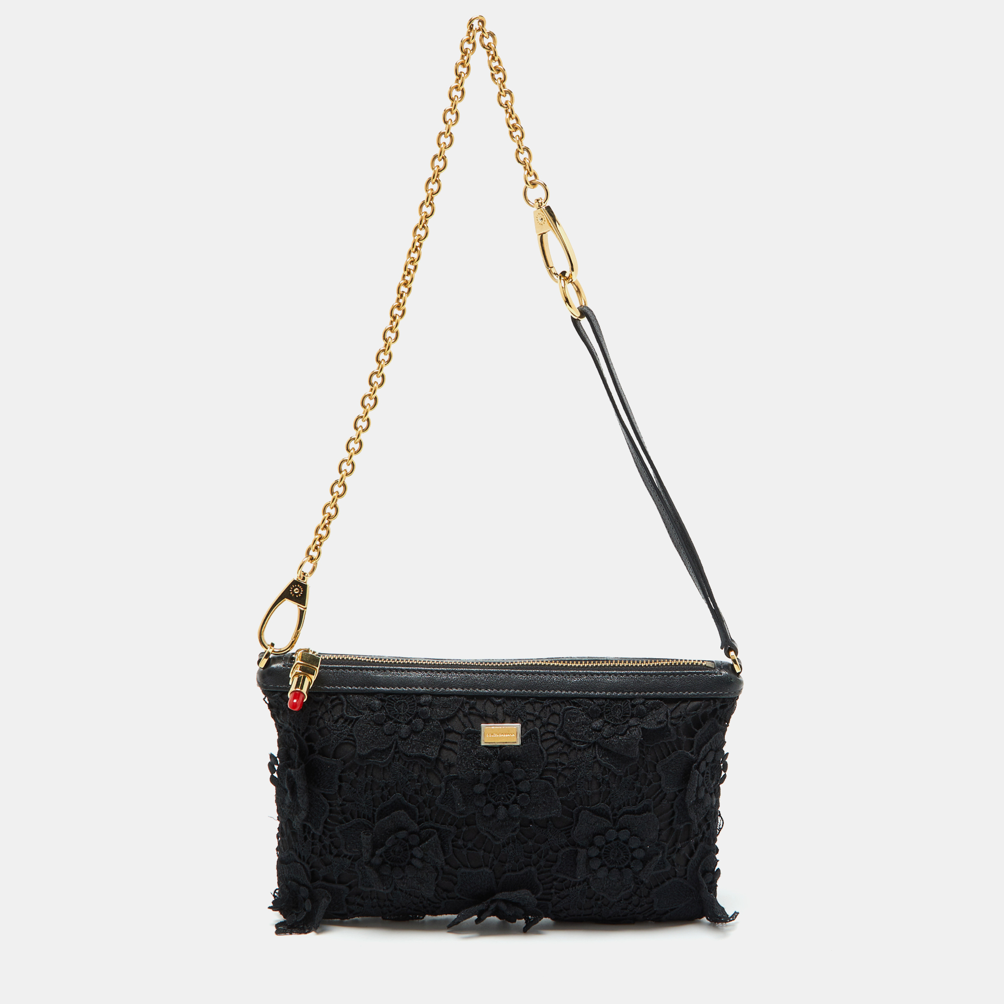 Pre-owned Dolce & Gabbana Black Lace And Leather Shoulder Bag