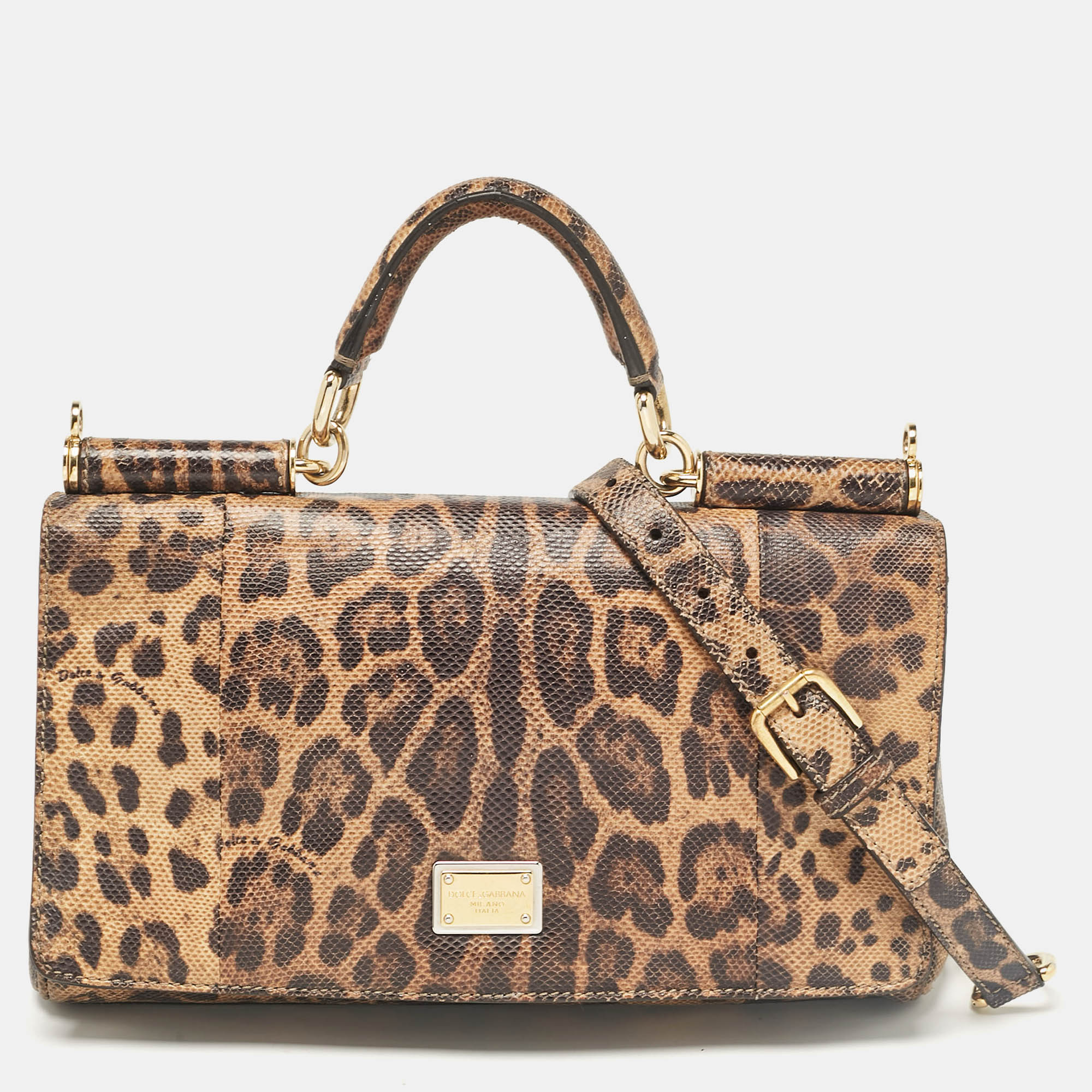 Pre-owned Dolce & Gabbana Brown Leopard Print Lizard Leather Top Handle Bag