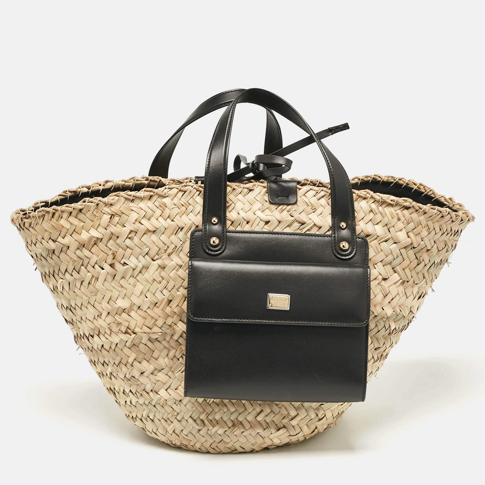 

Dolce & Gabbana Natural/Black Raffia Kendra Basket Tote, Tan