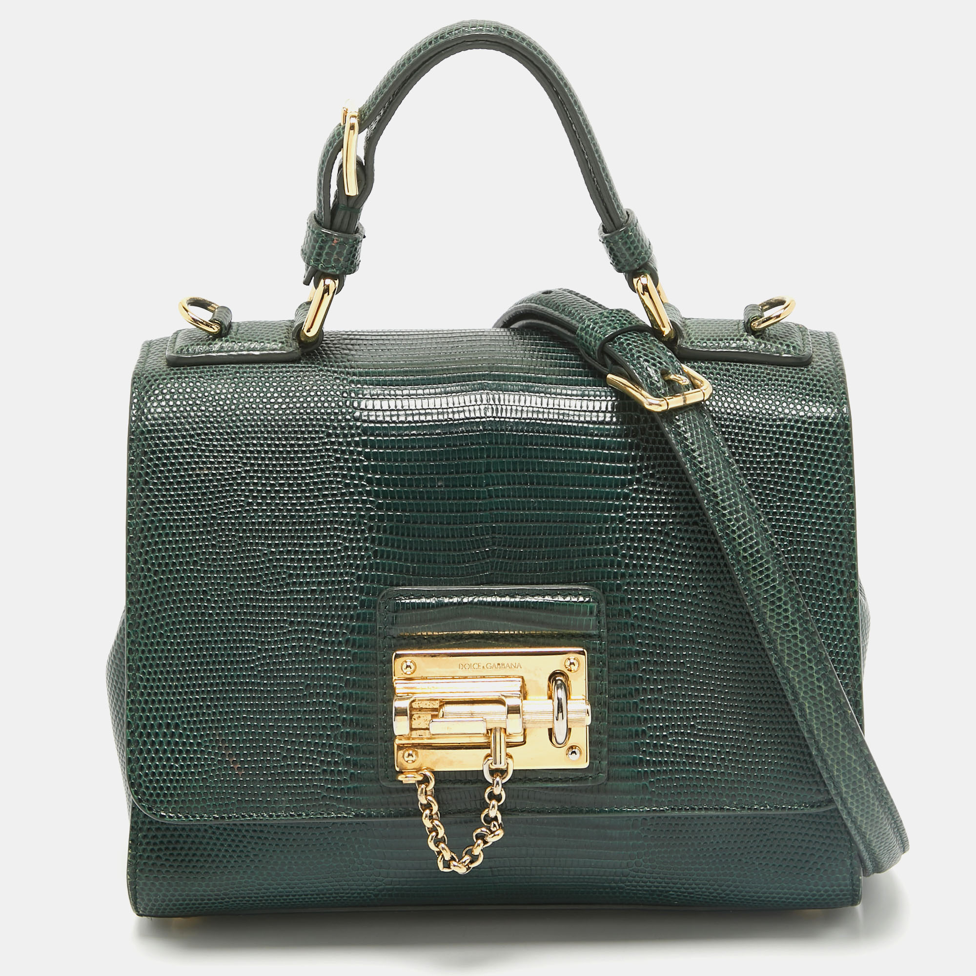 Pre-owned Dolce & Gabbana Green Lizard Embossed Leather Small Miss Monica Top Handle Bag