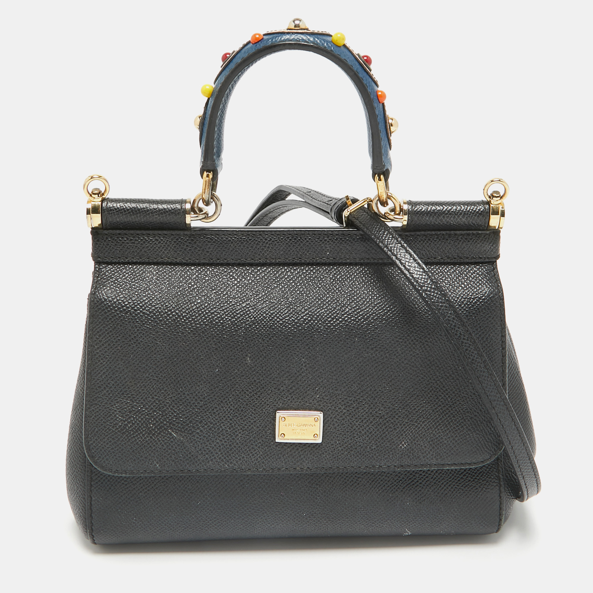 

Dolce & Gabbana Black Leather  Studded Miss Sicily Top Handle Bag