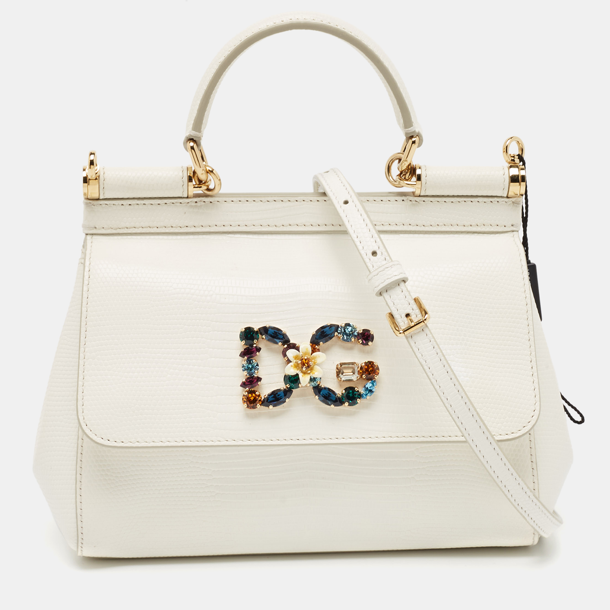 

Dolce & Gabbana White Iguana Embossed Leather Small Miss Sicily Top Handle Bag