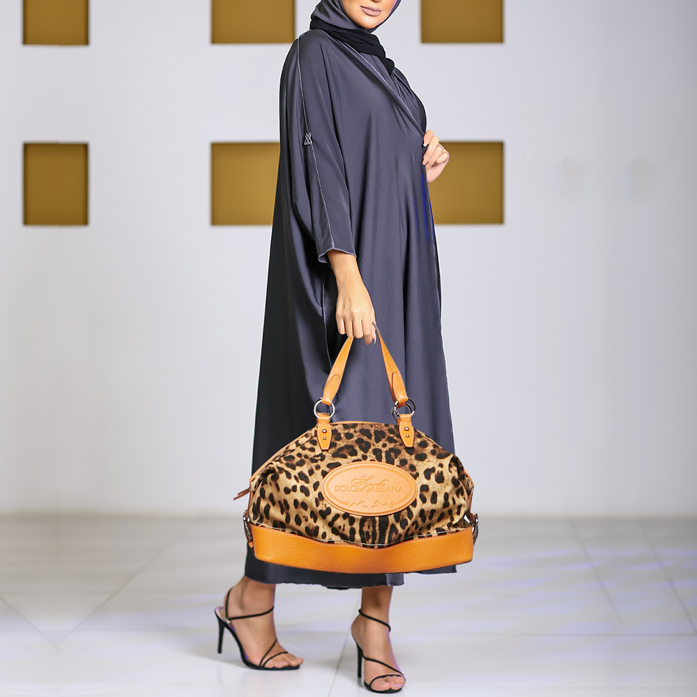 Dolce & Gabbana Orange/Beige Leopard Print Fabric and Leather Animalier Satchel 
