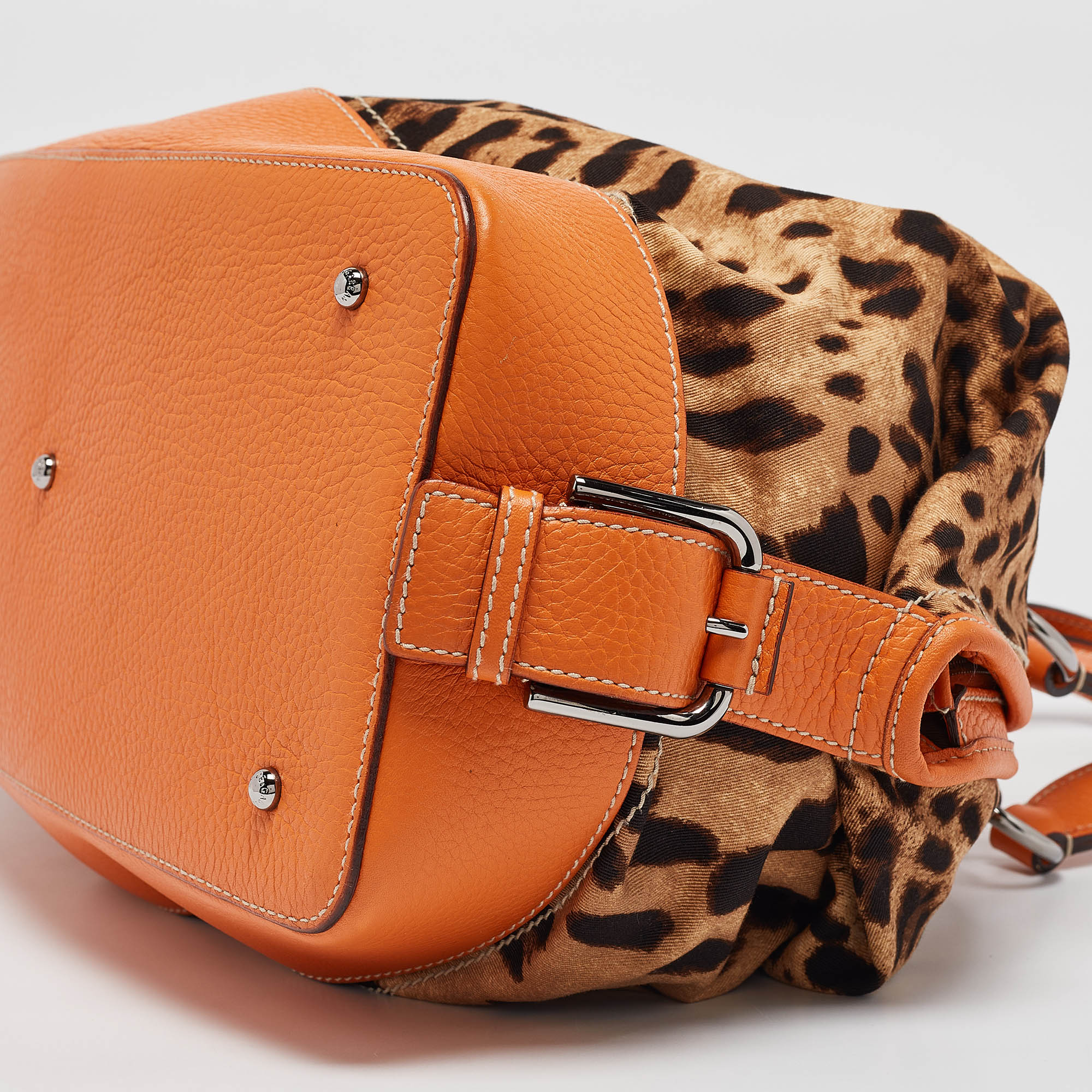 Dolce & Gabbana Orange/Beige Leopard Print Fabric and Leather Animalier Satchel 