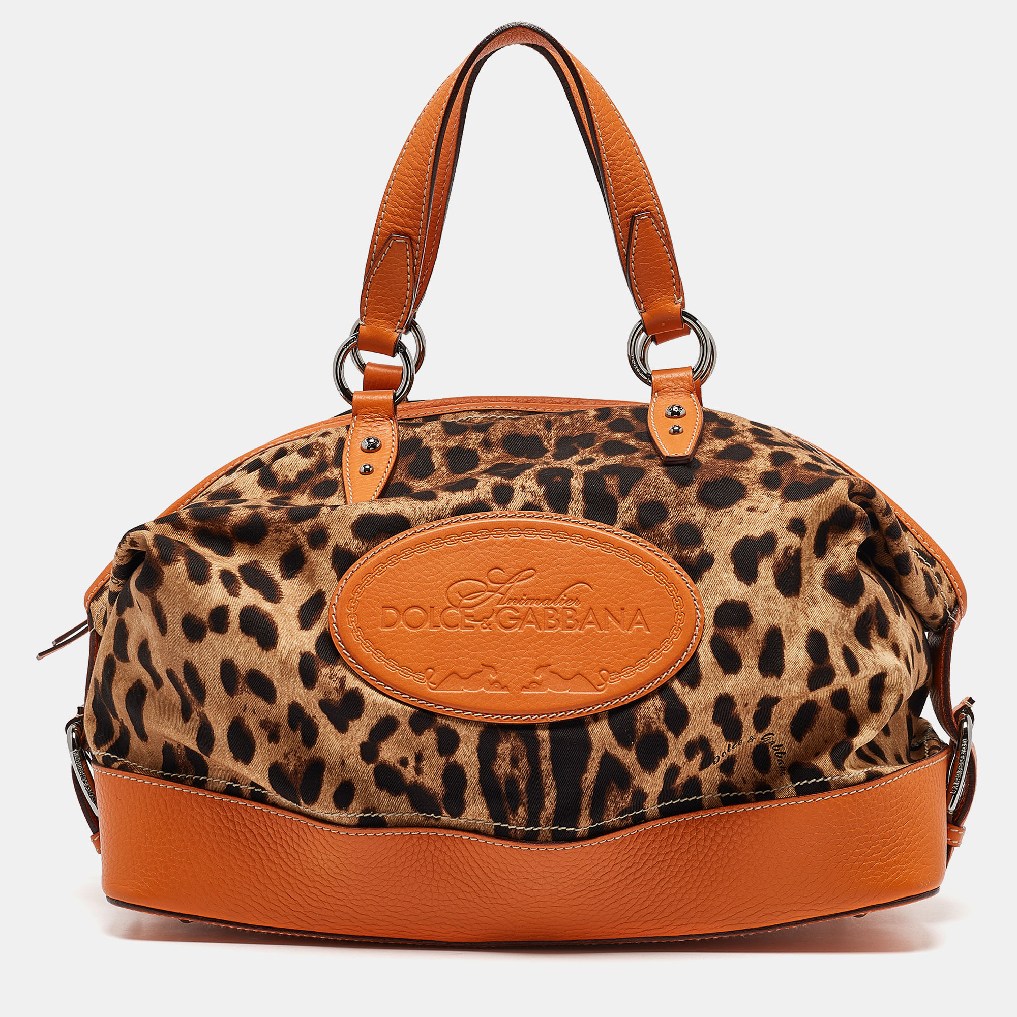 

Dolce & Gabbana Orange/Beige Leopard Print Fabric and Leather Animalier Satchel