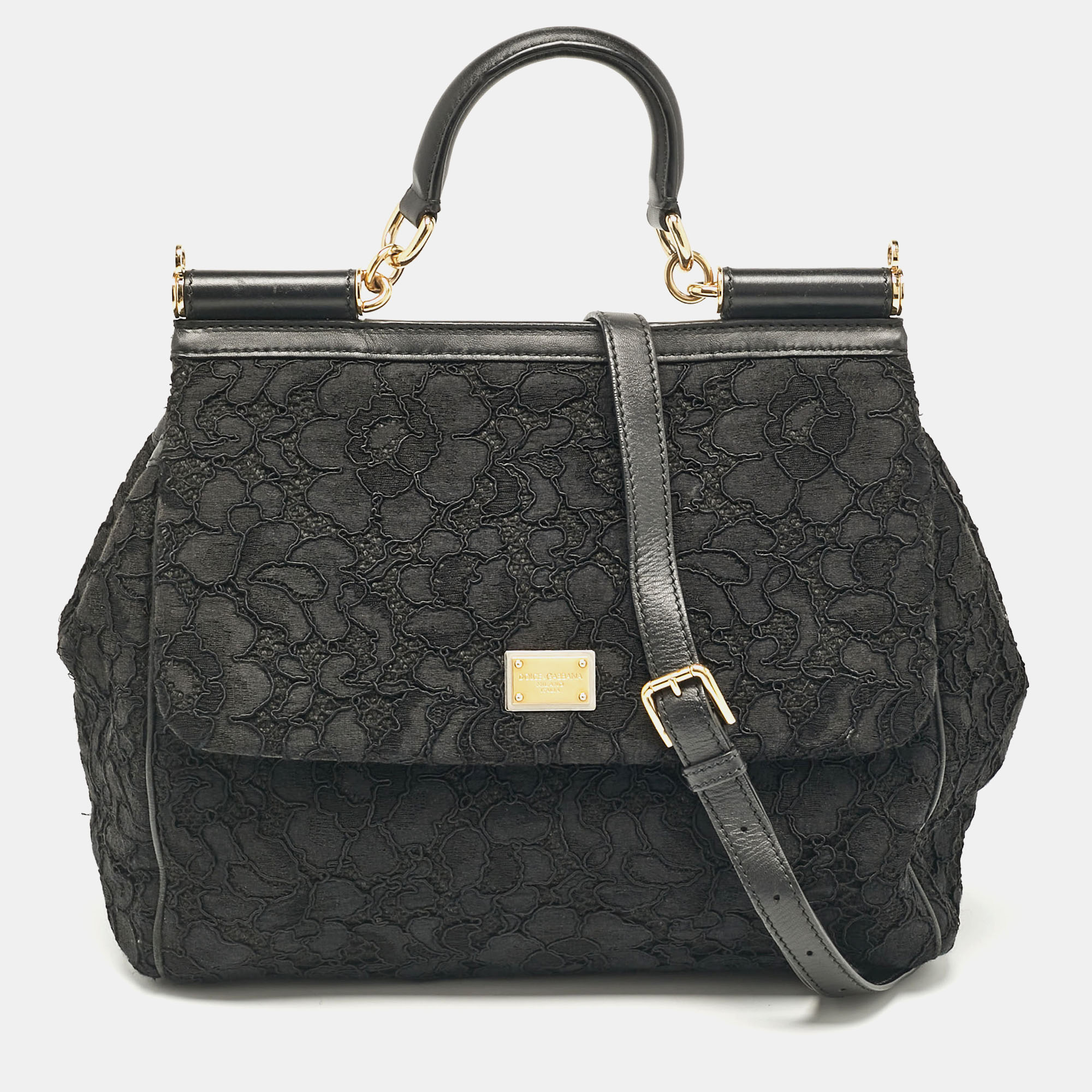 

Dolce & Gabbana Black Lace Fabric  Miss Sicily Top Handle Bag