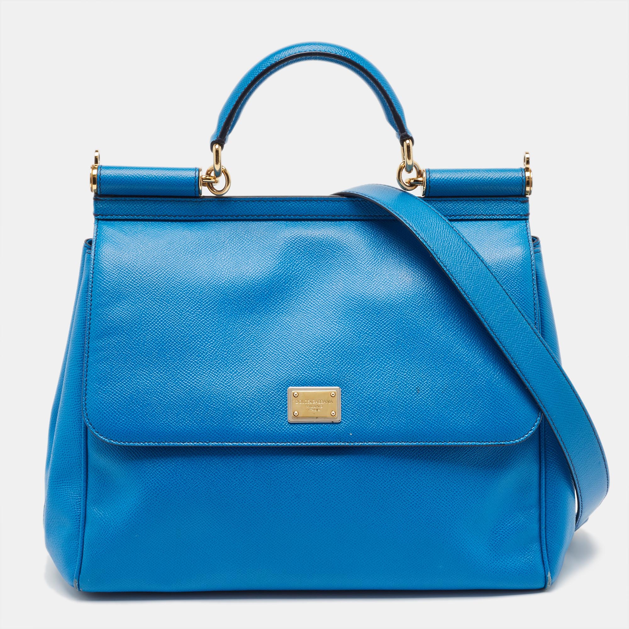 Pre-owned Dolce & Gabbana Blue Leather Large Miss Sicily Top Handle Bag