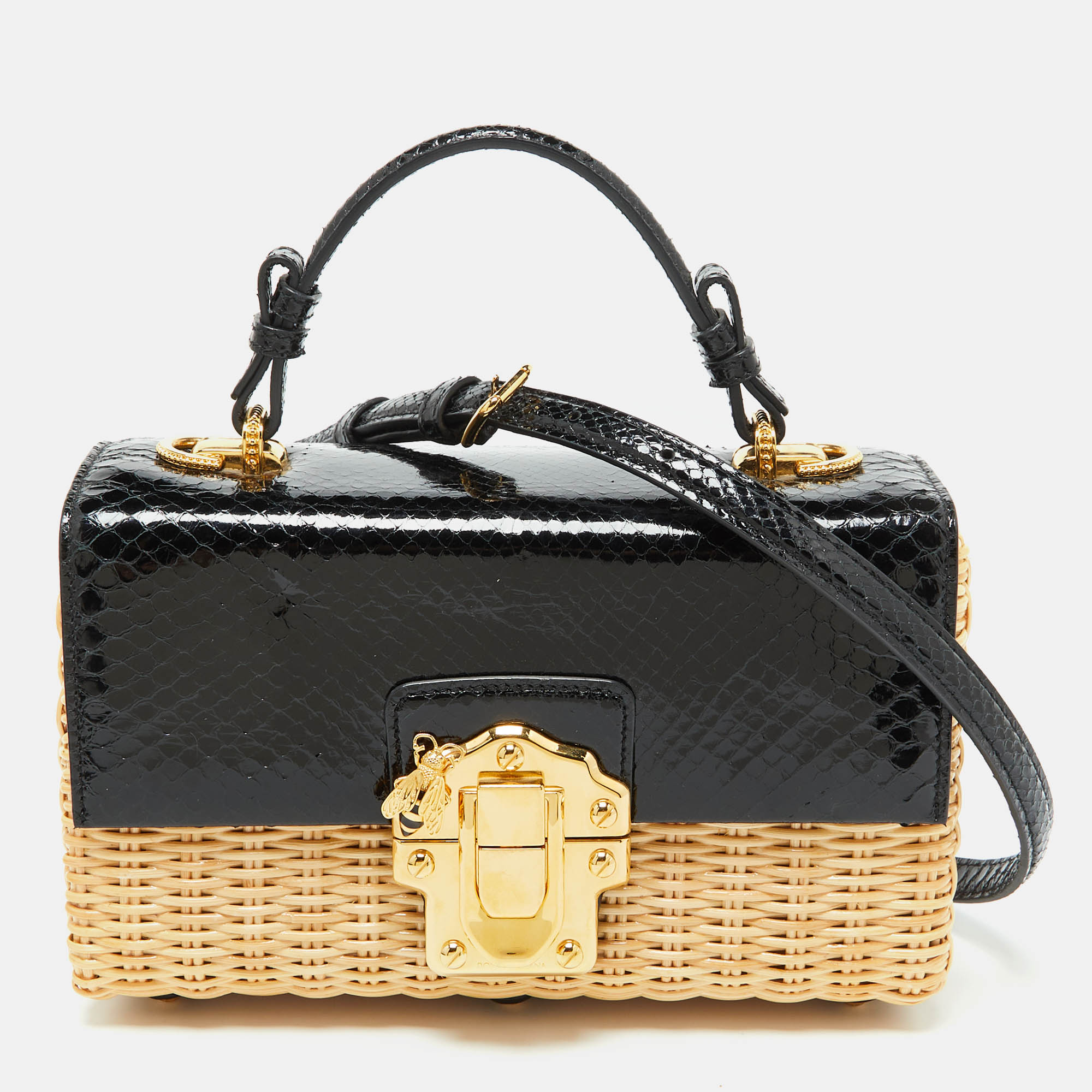 

Dolce & Gabbana Black/Beige Python and Wicker Lucia Top Handle Bag