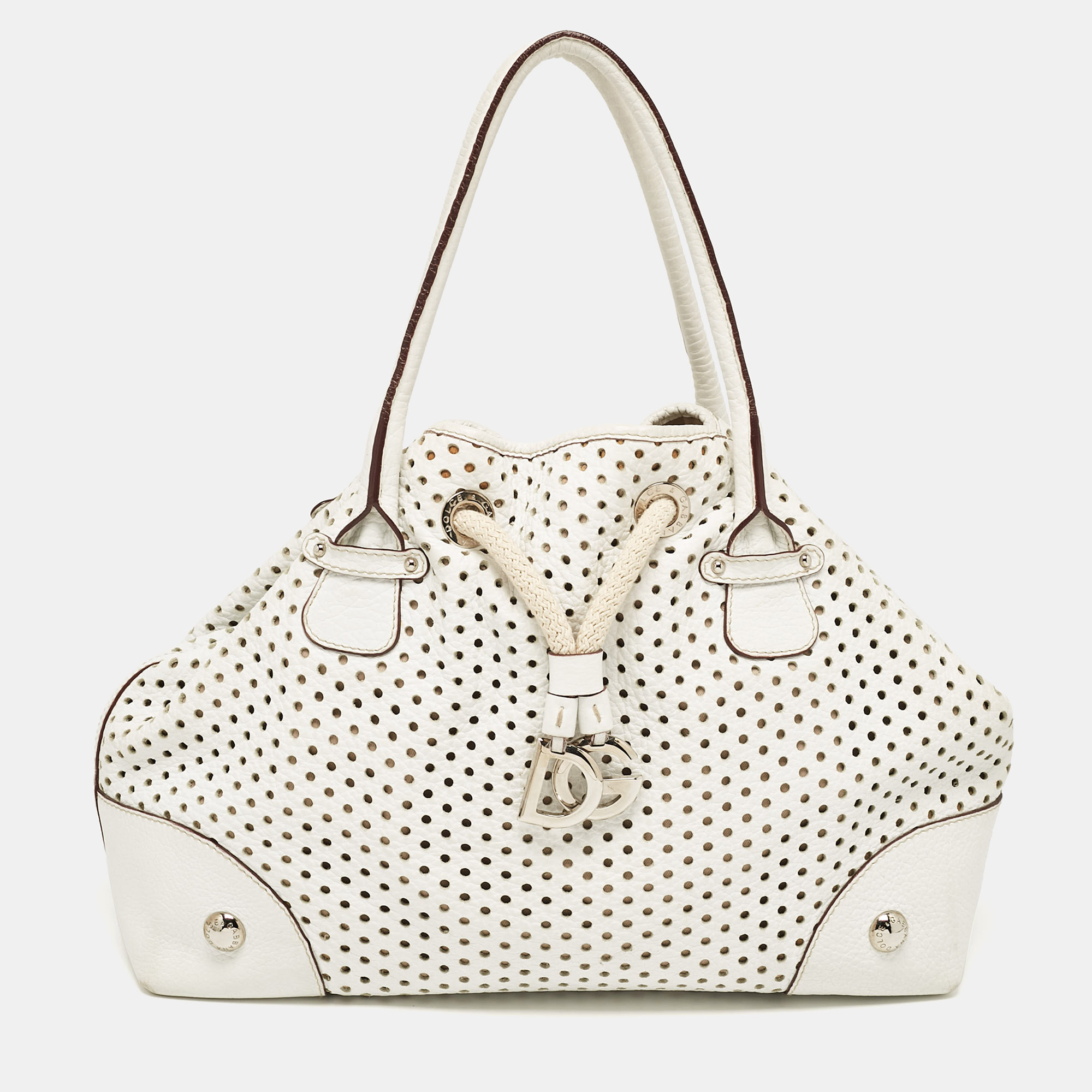 

Dolce & Gabbana White Perforated Leather Drawstring Shoulder Bag