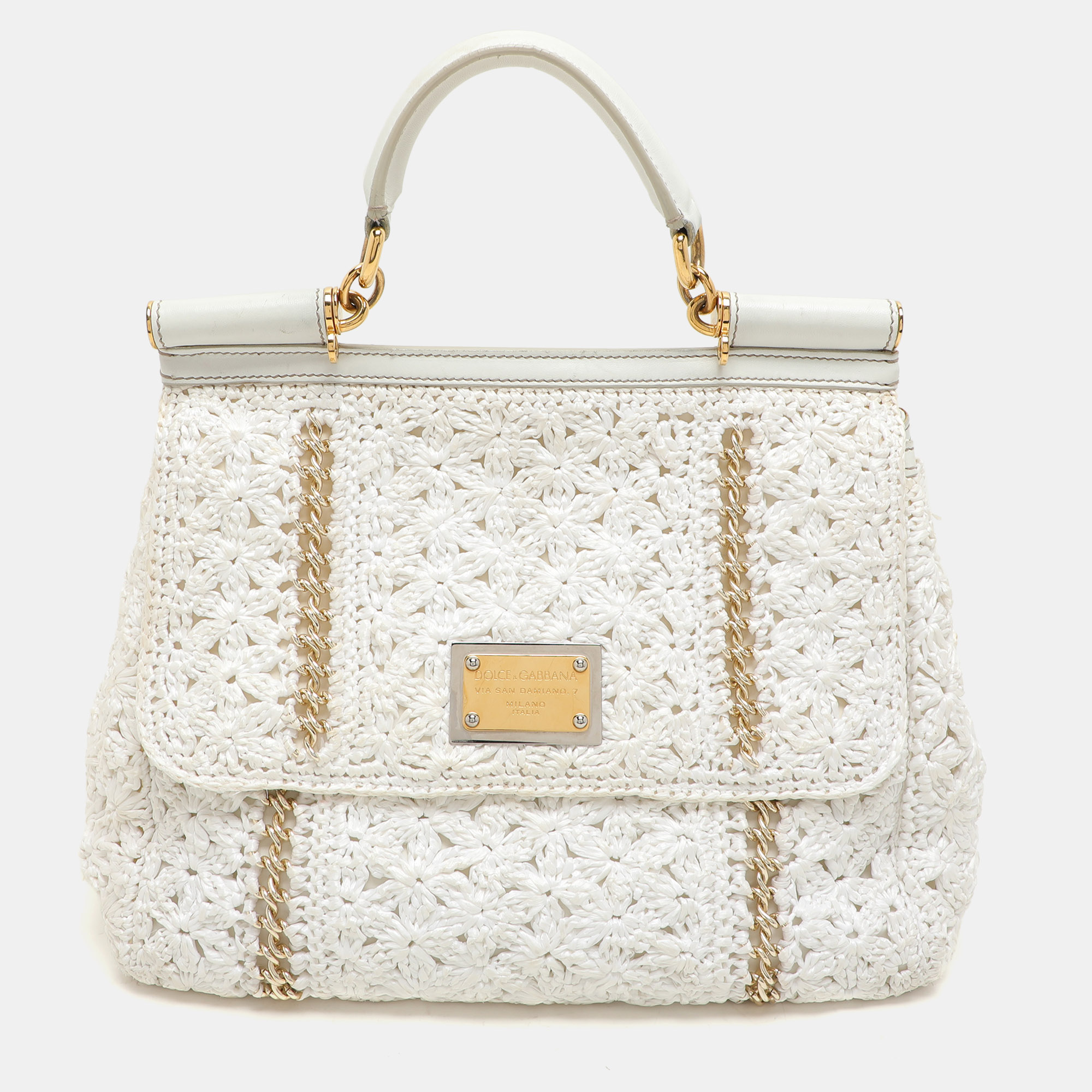 

Dolce & Gabbana White Crochet Straw and Leather  Miss Sicily Top Handle Bag