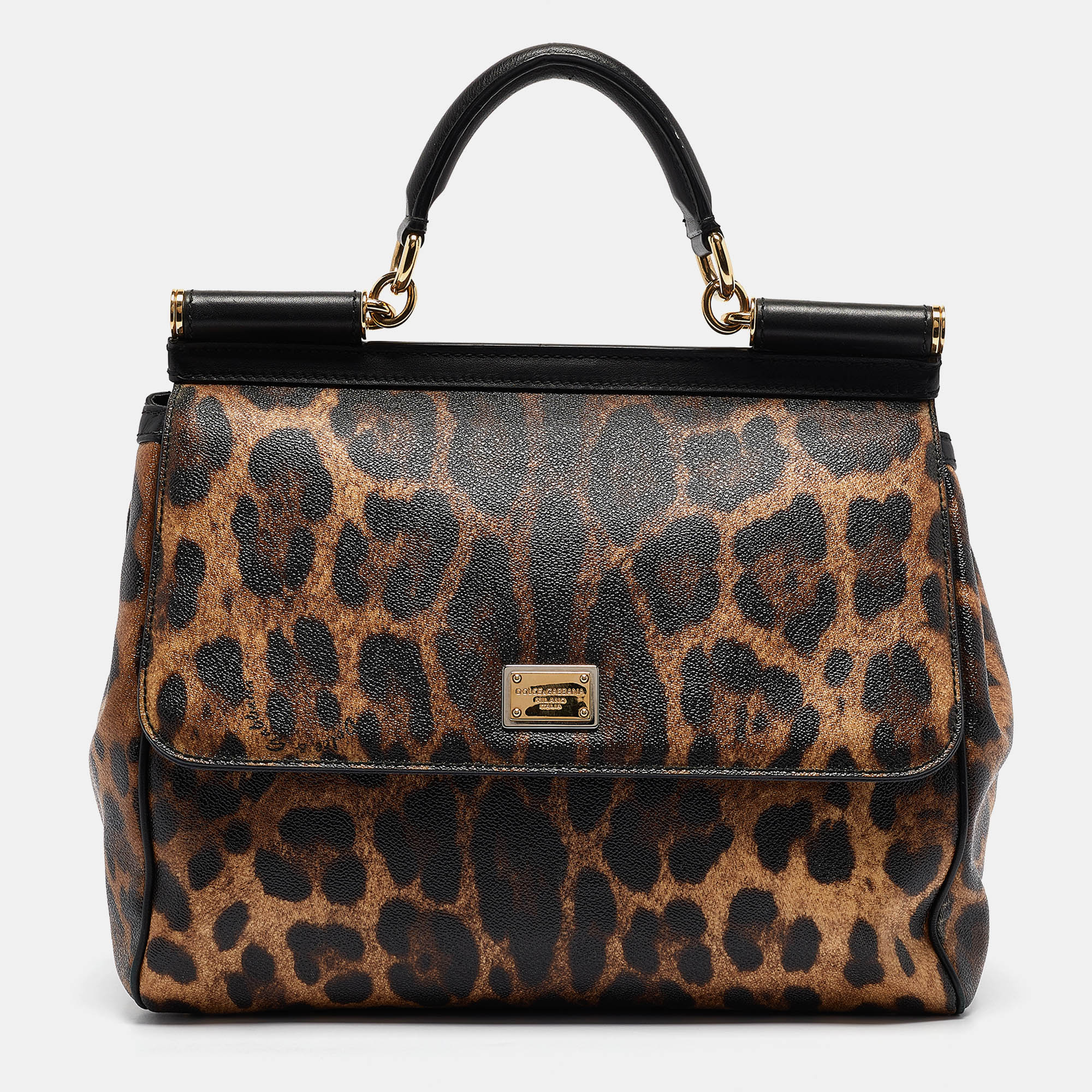 

Dolce & Gabbana Black/Beige Leopard Print Coated Canvas and Leather Large Miss Sicily Top Handle Bag