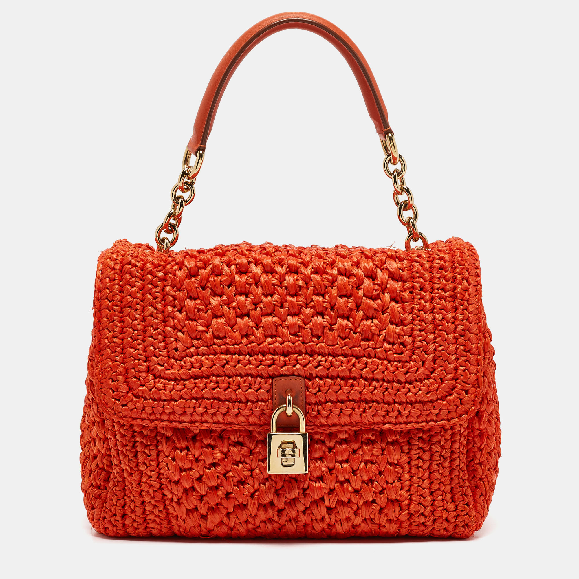 

Dolce & Gabbana Orange Crochet Straw Padlock Top Handle Bag