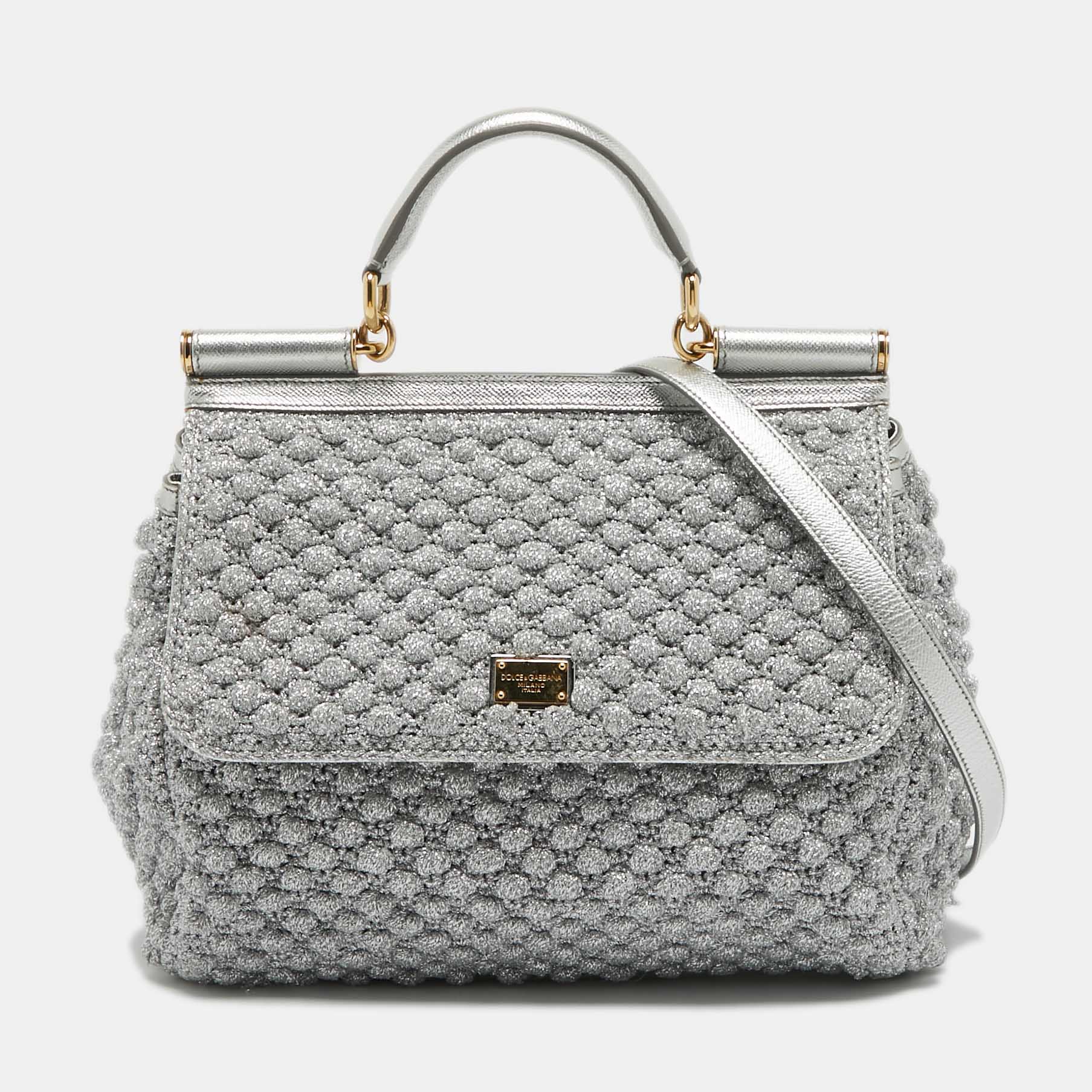 

Dolce & Gabbana Silver Crochet Lurex Fabric and Leather Large Miss Sicily Top Handle Bag