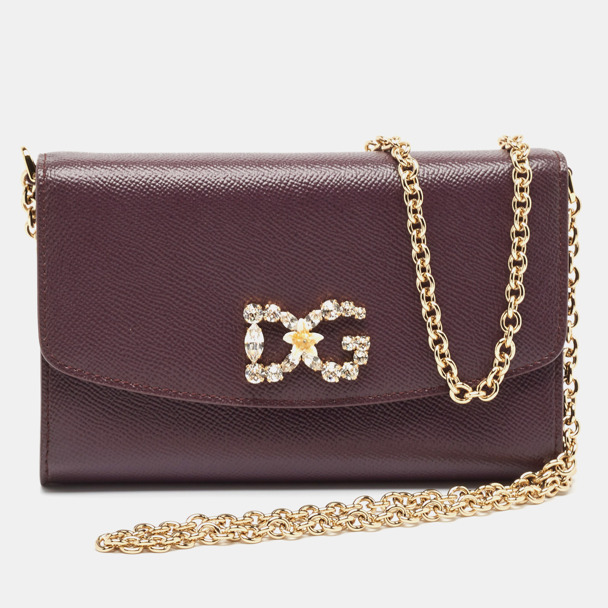 

Dolce & Gabbana Purple Leather Crystal Logo Chain Clutch