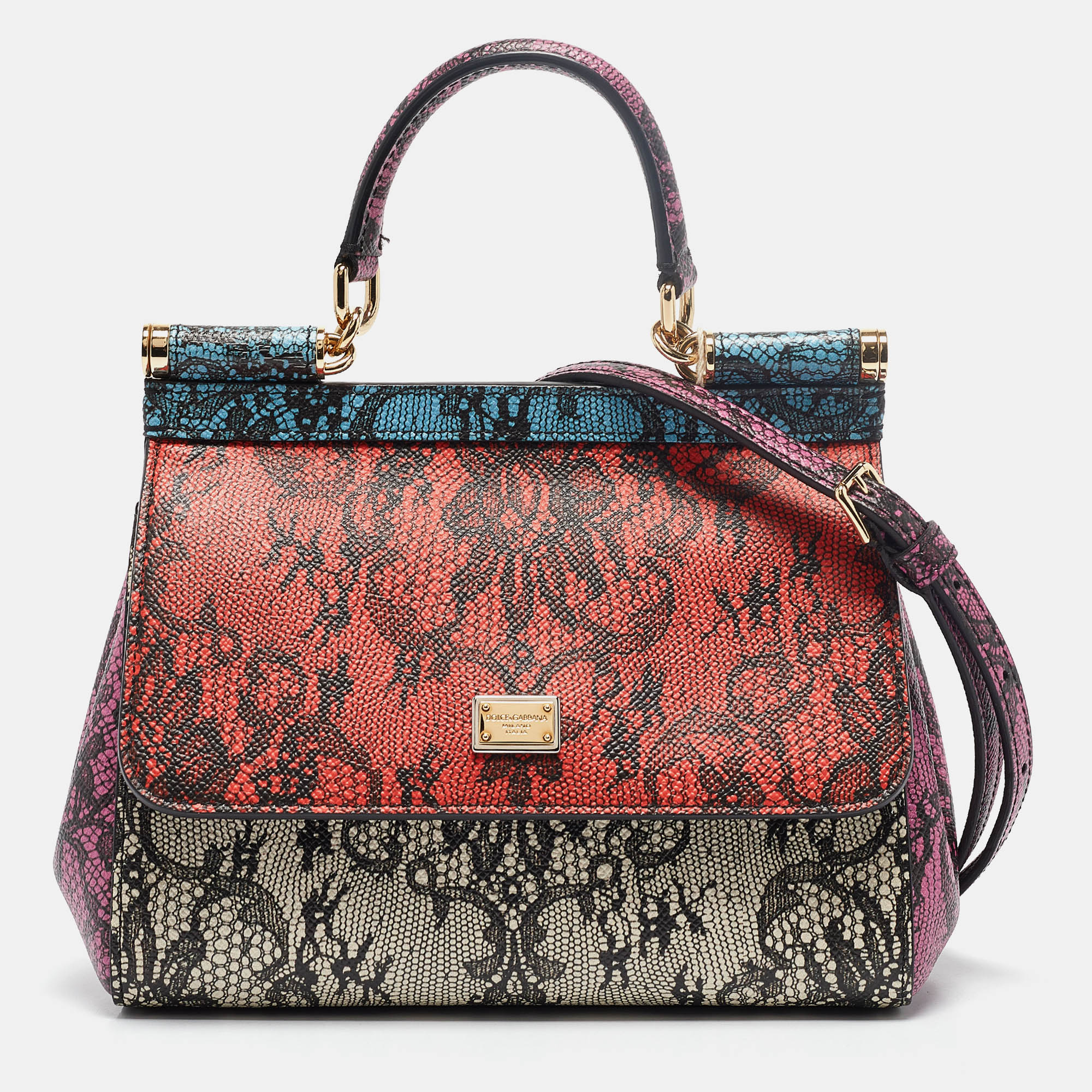 

Dolce & Gabbana Multicolor lace Print Leather Small Miss Sicily Top Handle Bag